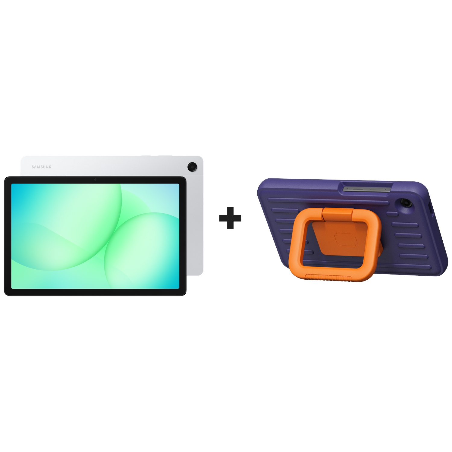 Afbeelding toont een witte Samsung tablet naast een paarse tablethoes met een oranje standaard.