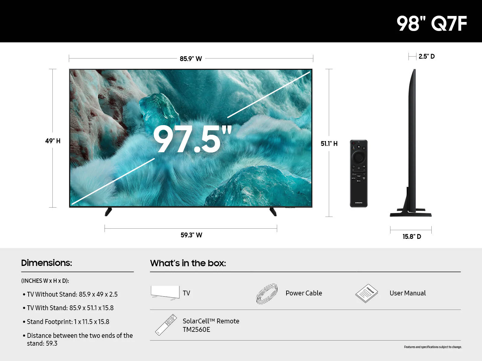 Egy 98"-os Q7F TV méretekkel, és a doboz tartalma: TV, tápkábel, felhasználói kézikönyv és SolarCell távirányító.
