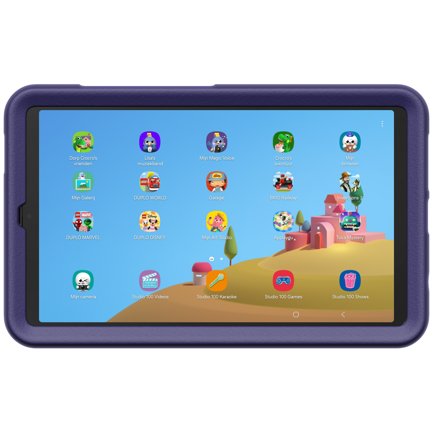 Een tablet met een blauwe hoes toont app-iconen. Het scherm toont logo's van diverse game- en educatieve apps.