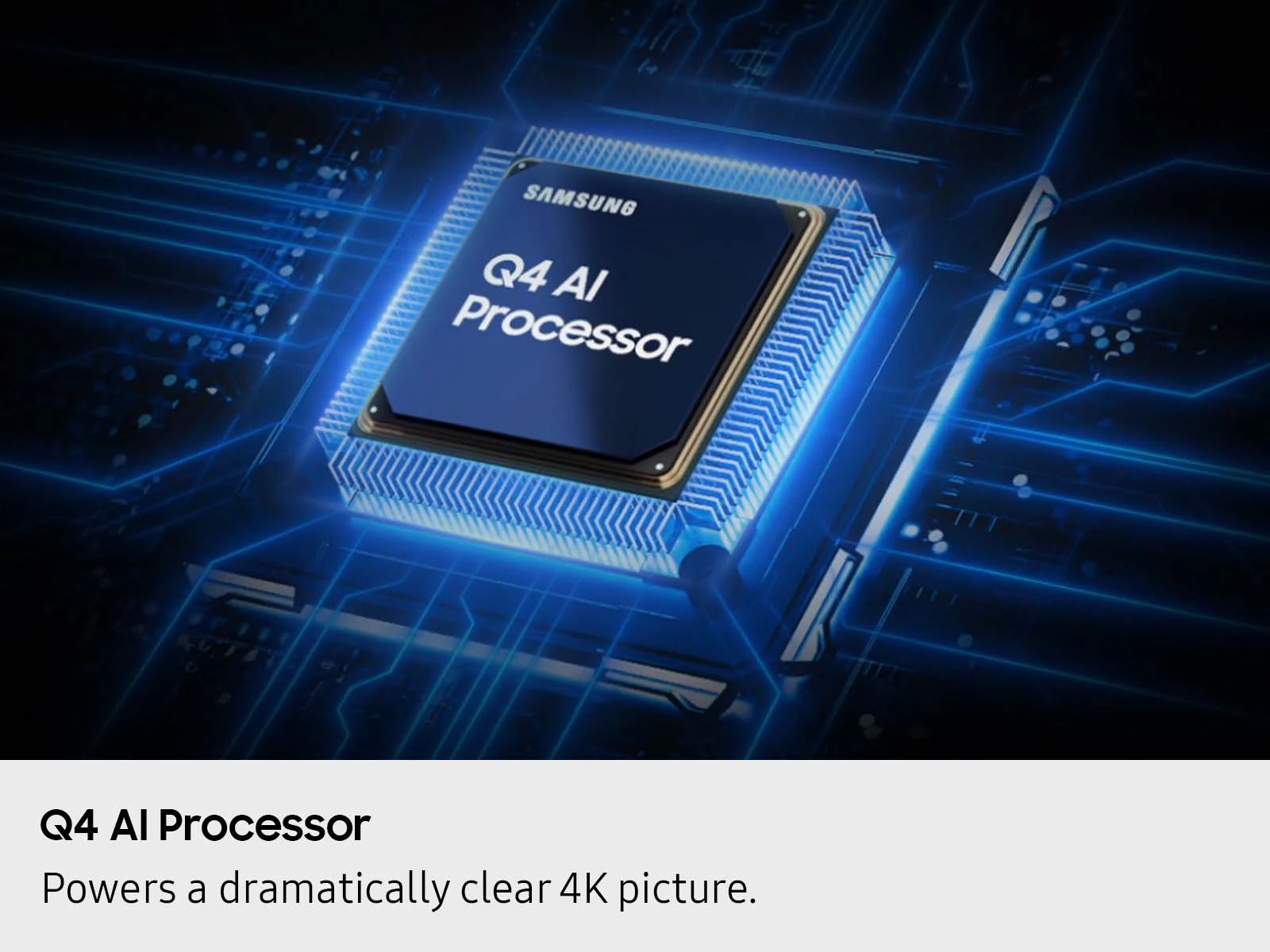Egy kék megvilágítású Q4 AI processzor a Samsungtól. A kép egy áramköri lapról és magáról a processzorról készült.
