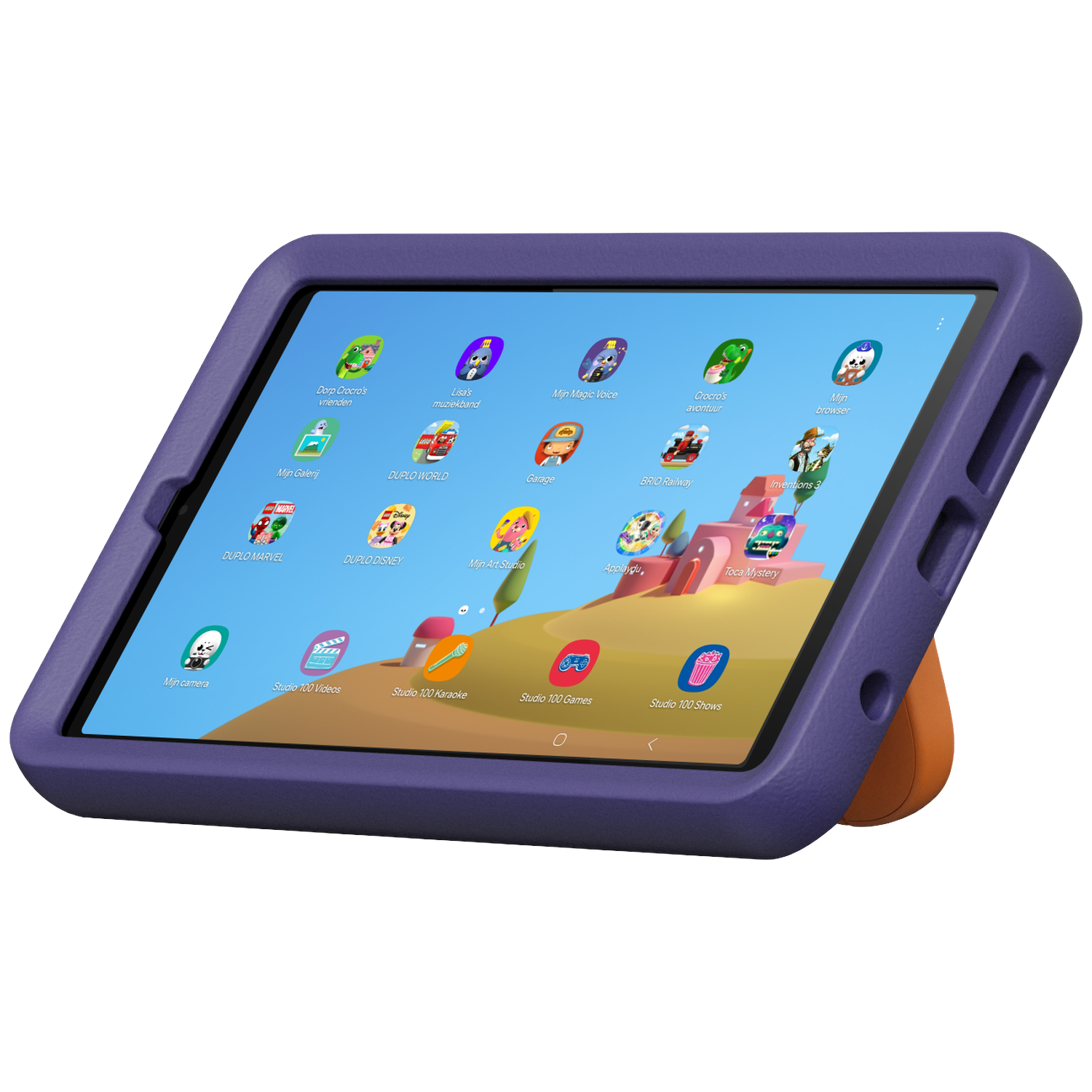 Een paarse tablet met een blauw scherm toont app-iconen. Het heeft een oranje standaard. De achtergrond is wit.