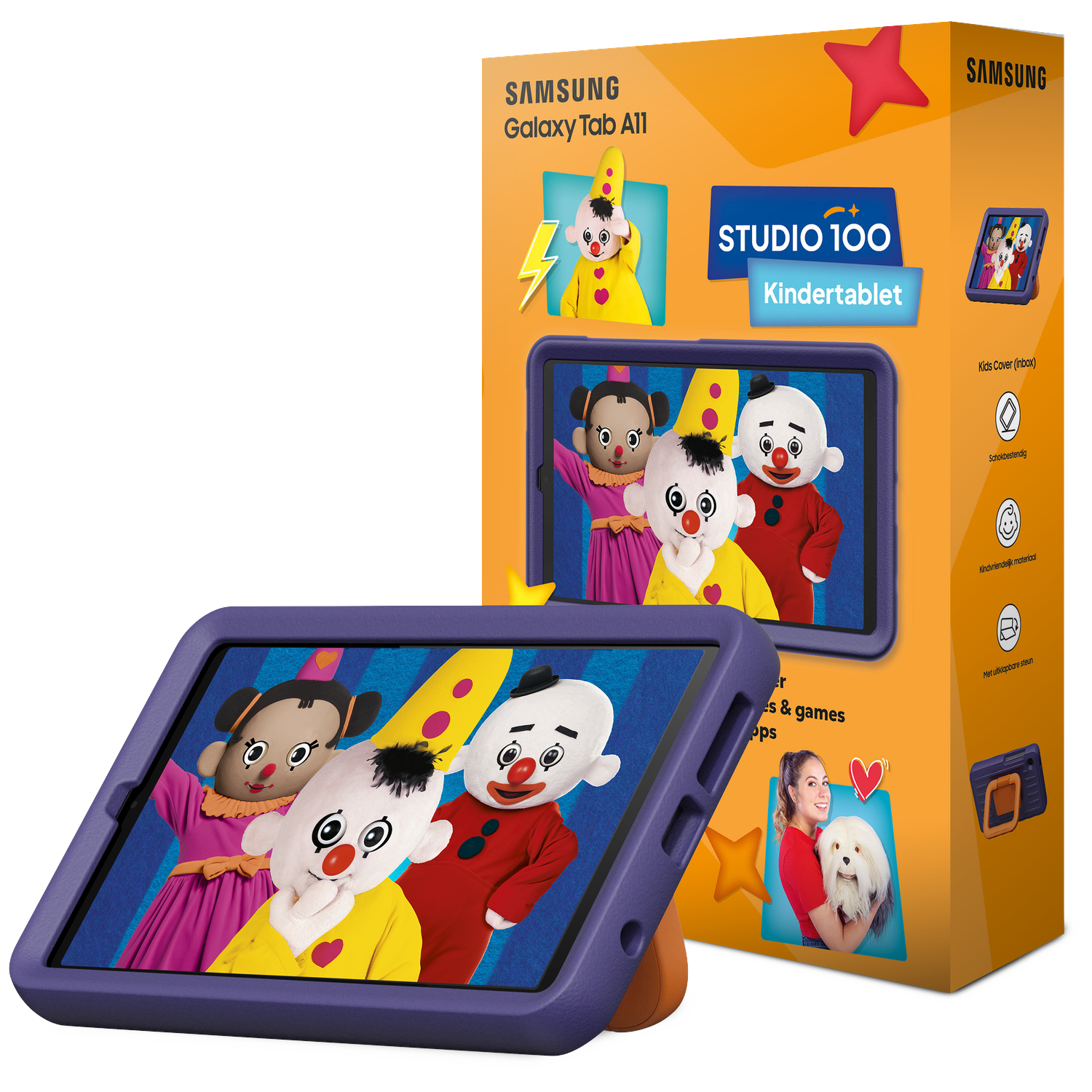 Tabletbox met Studio 100-personages. Paarse tablethoes, oranje achtergrond met tekst en afbeeldingen, met personages uit een kinderprogramma.
