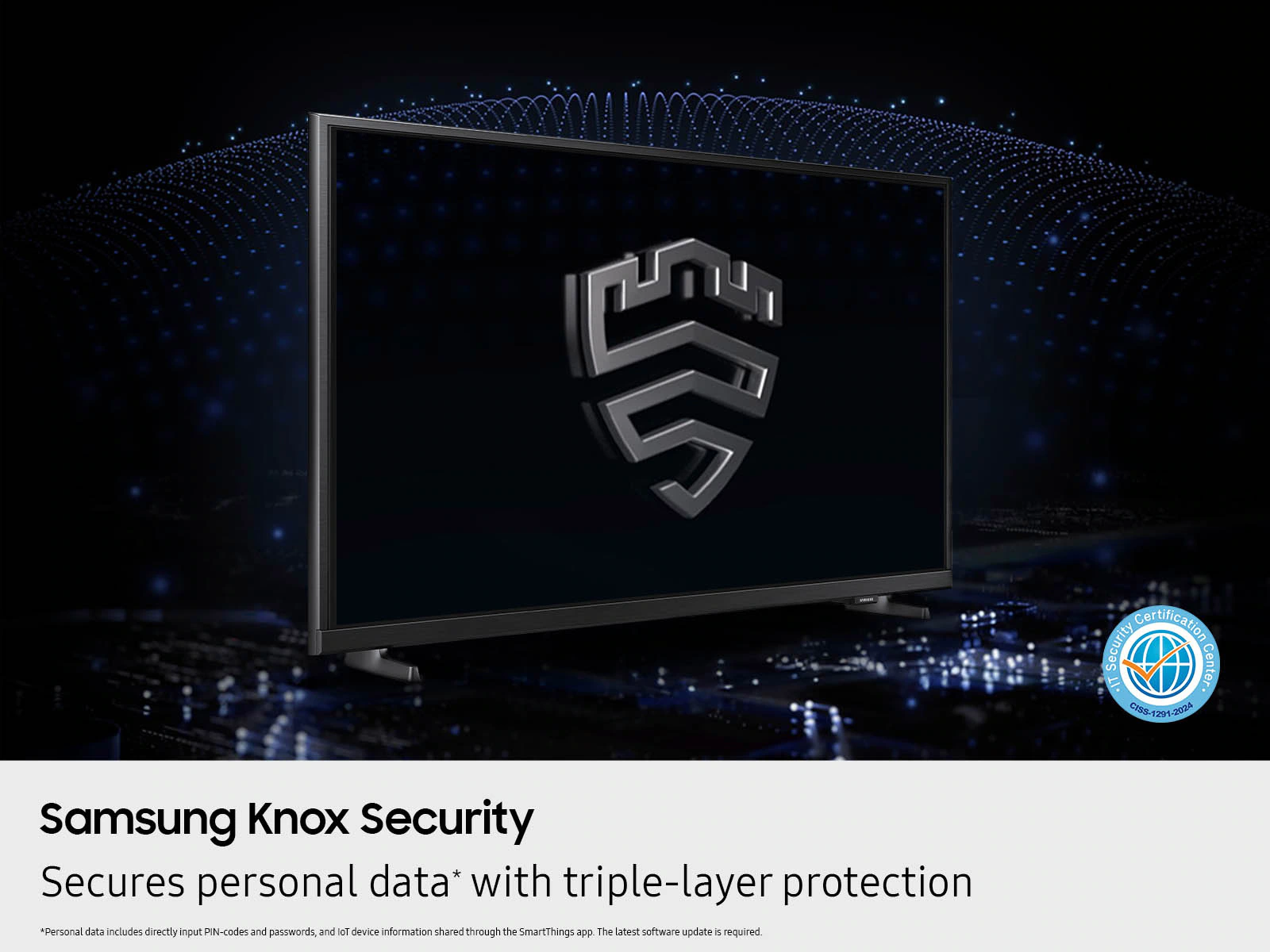 Egy fekete képernyőn egy fémes pajzs logó látható. A szöveg a következő: 'Samsung Knox Security' és 'Személyes adatok védelme'.