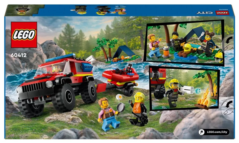 Zestaw Lego City. Czerwony jeep, łódź i figurki w otoczeniu rzeki. Strażacy i obozowicze. Zawiera drzewa i namiot.