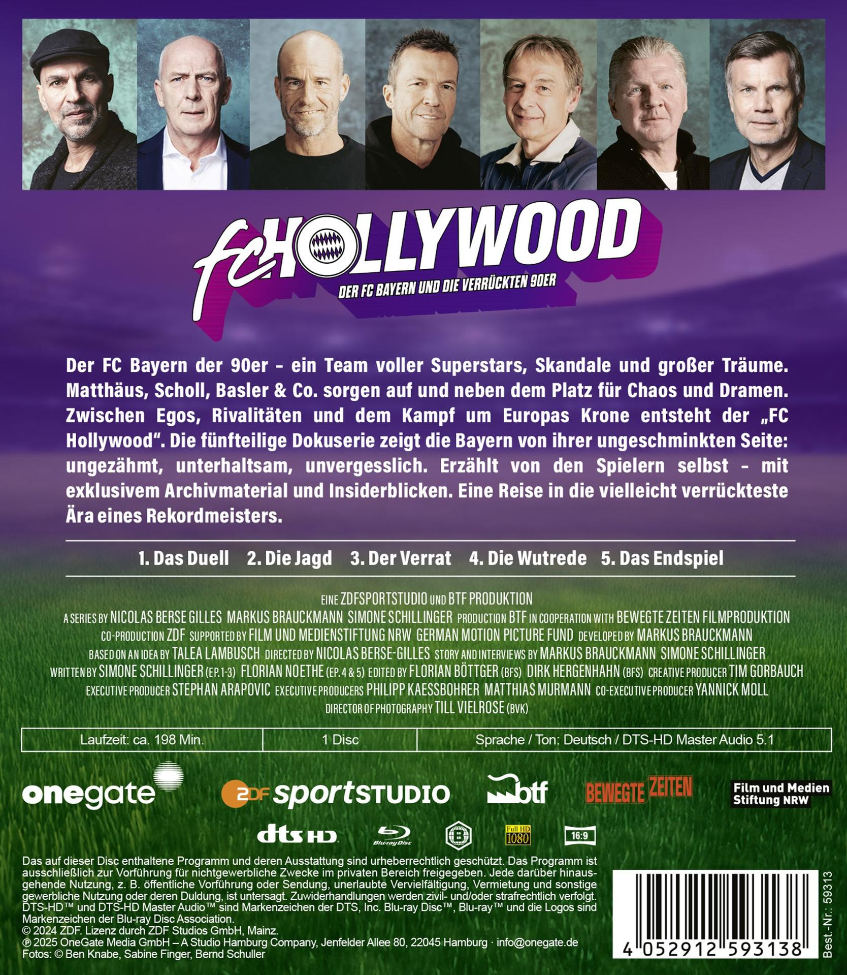 DVD-Cover mit Gesichtern von Männern, Titel 'FC Hollywood' und Text über eine Dokumentation über FC Bayern.