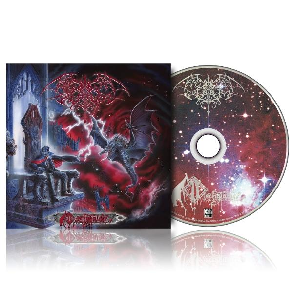 Albumcover mit Drachen, Figur auf einem Thron und CD. Dunkelrotes und blaues Farbschema mit gotischen Elementen.