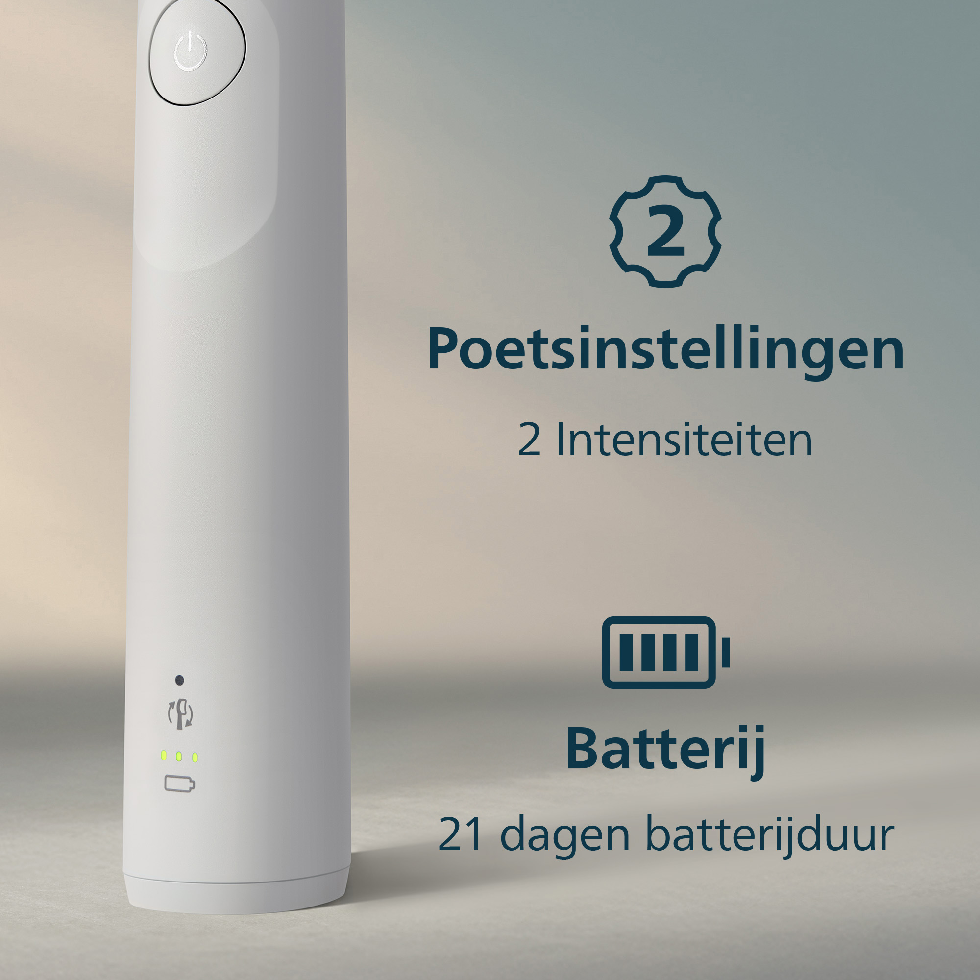 White electric toothbrush with power button, settings, and battery life information on a gradient background.