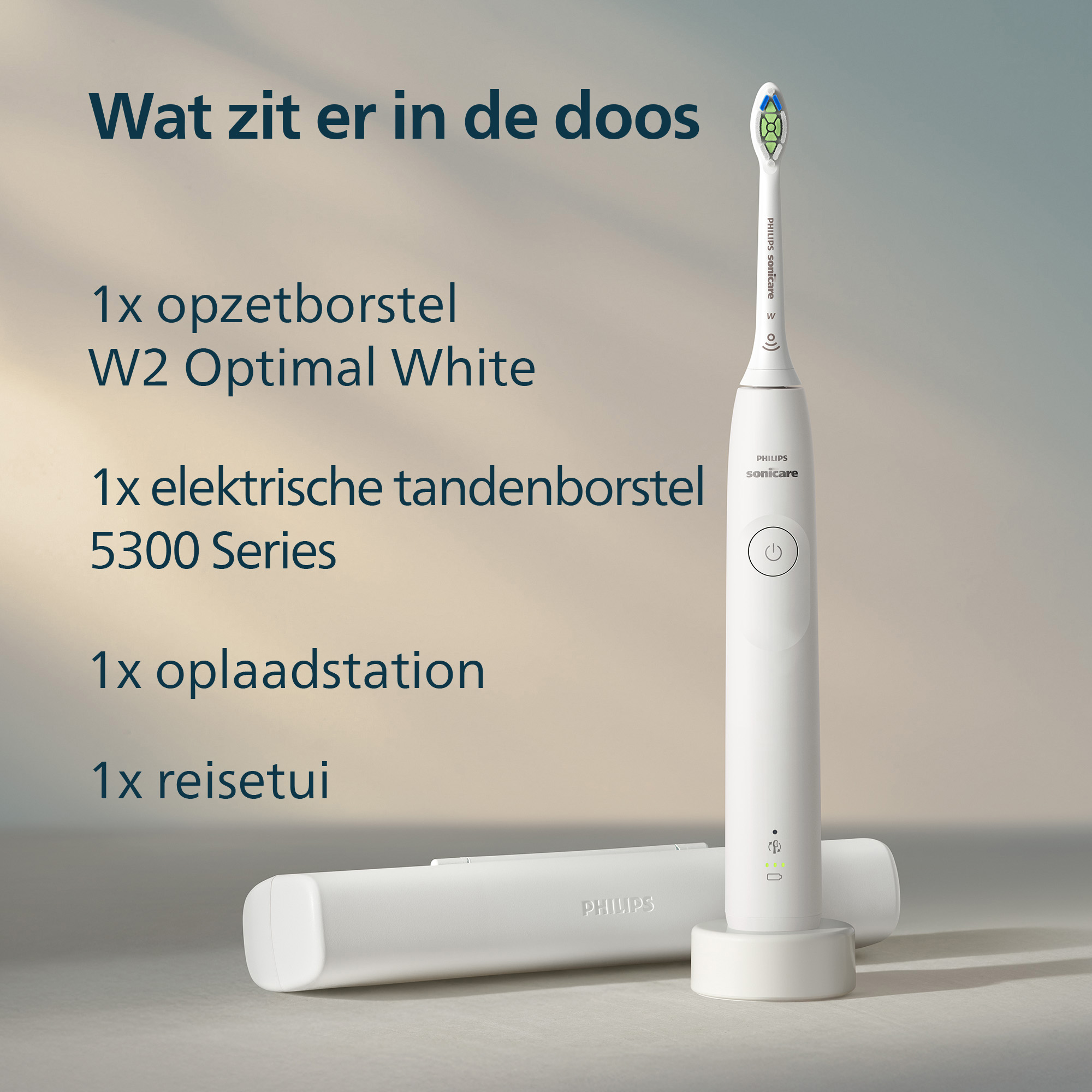A white Philips Sonicare electric toothbrush with a charging station and travel case. Text details the contents of the box.