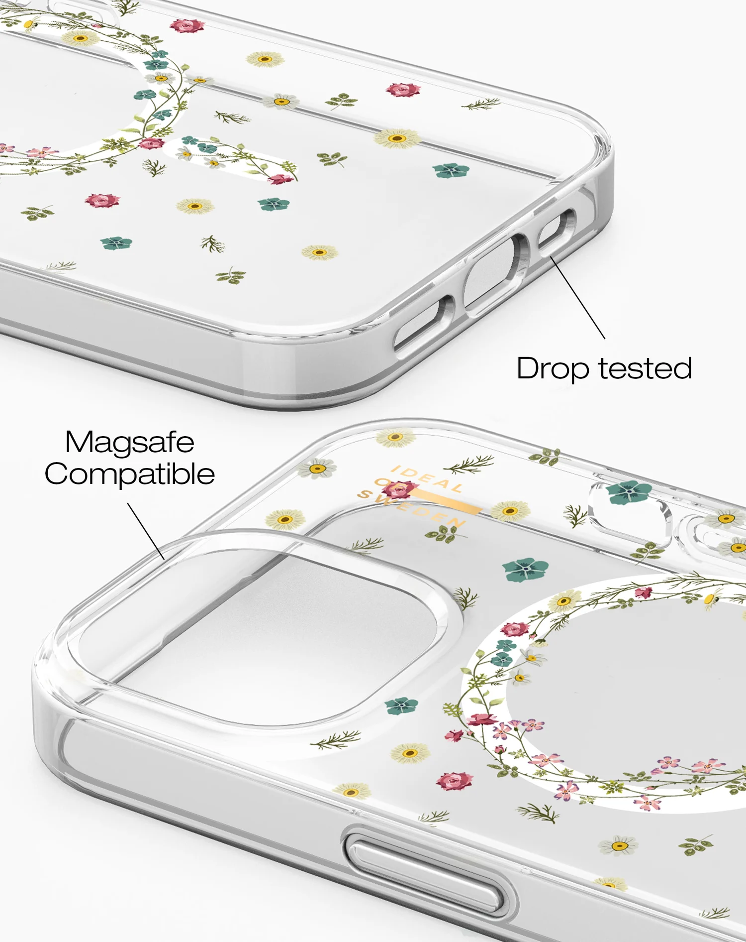 Átlátszó telefontok virágmintával, cseppálló és Magsafe kompatibilis. Rózsaszín, sárga és kék virágok fehér háttéren.