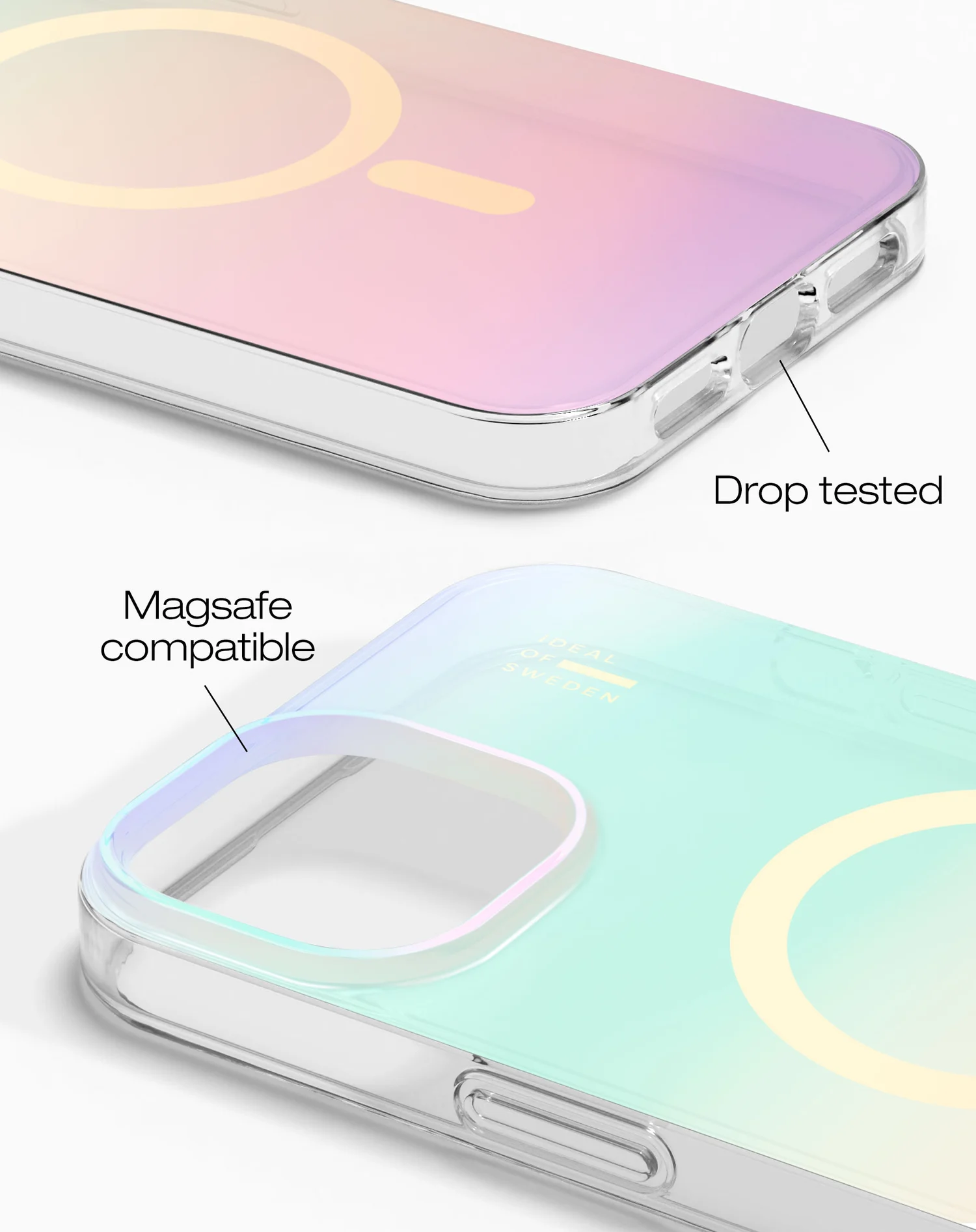 Átlátszó telefontok színátmenettel és MagSafe kompatibilitással. 'Drop tested' felirat.