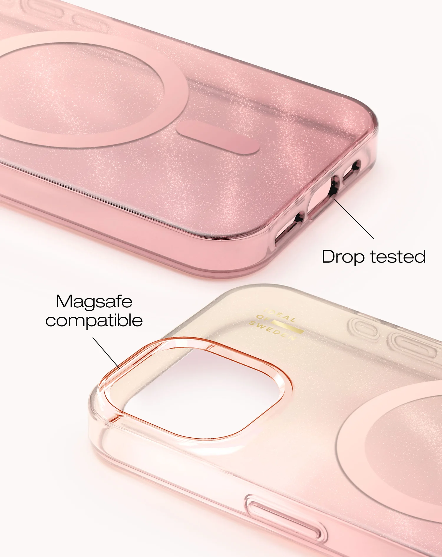 Két rózsaszín telefontok, egymás felett. Az egyiken a „Drop tested”, a másikon a „Magsafe compatible” és az „Ideal of Sweden” felirat látható.