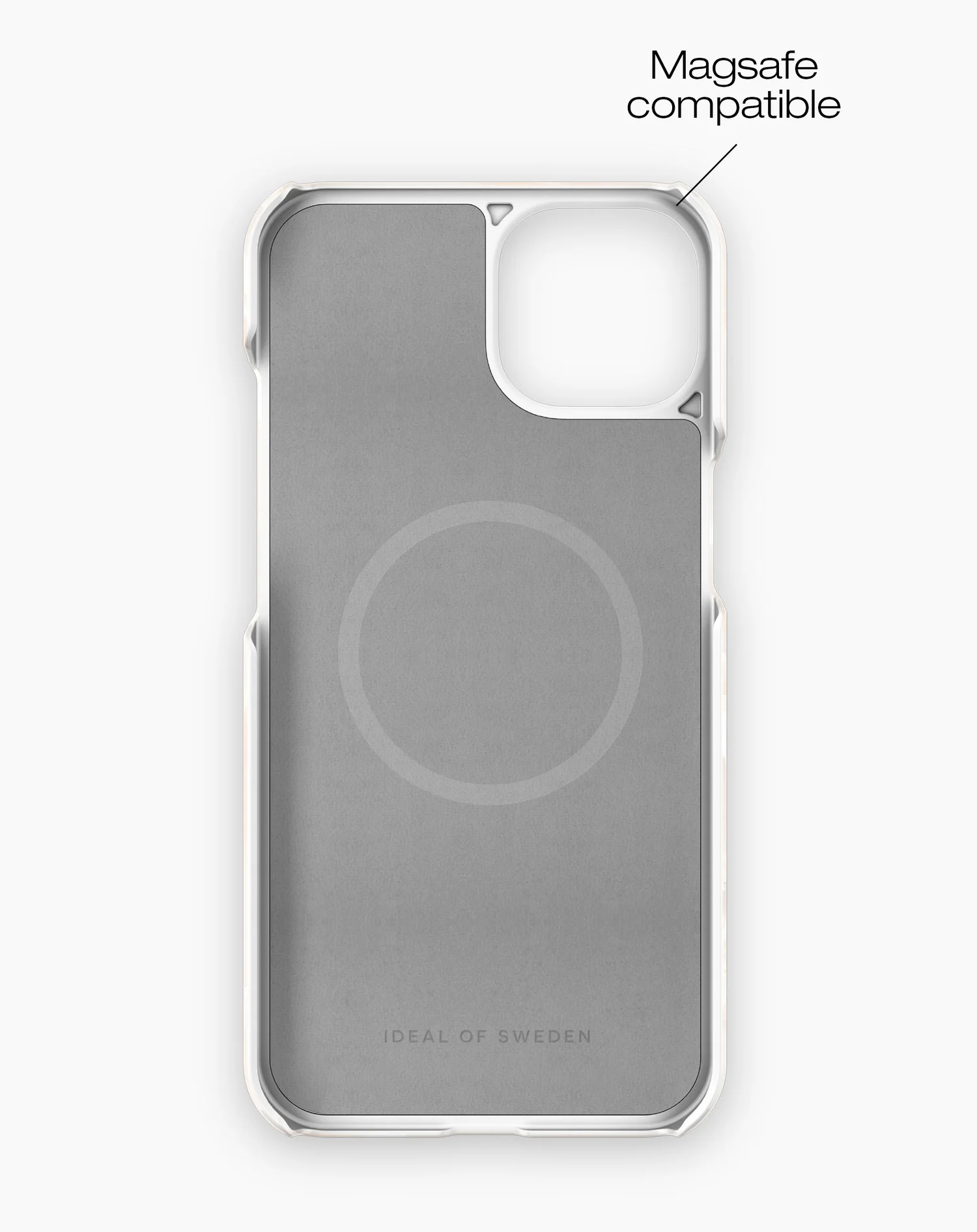 Egy telefontok, fehér keret, szürke belső, egy körrel, szöveg: IDEAL OF SWEDEN, és szöveg: Magsafe kompatibilis.