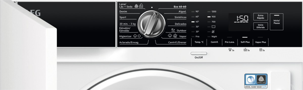 Panel de control de lavadora con programas, ajustes de temperatura y pantalla digital mostrando el tiempo restante.