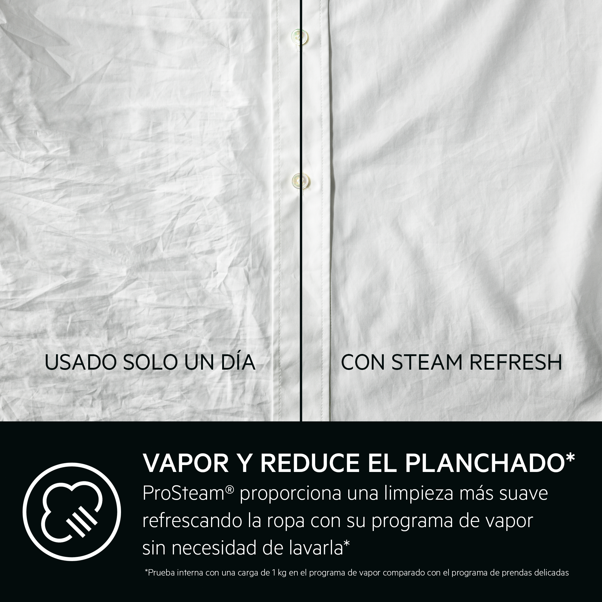 La imagen muestra una camisa antes y después de la limpieza a vapor. Un lado está arrugado, el otro liso. El texto describe la limpieza a vapor.