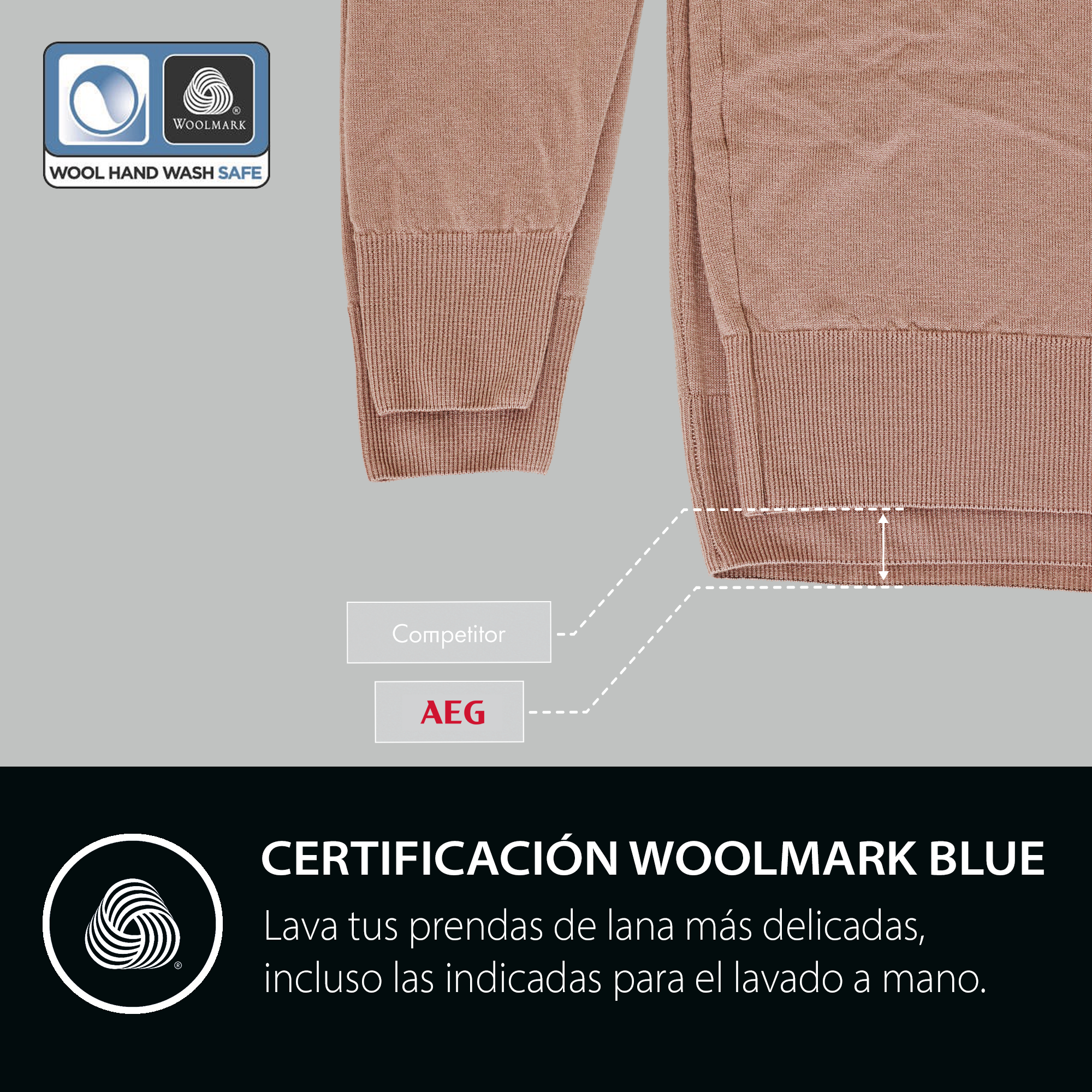 Primer plano de un suéter rosa, el logo Woolmark y texto sobre lavado a mano. El fondo es gris claro.
