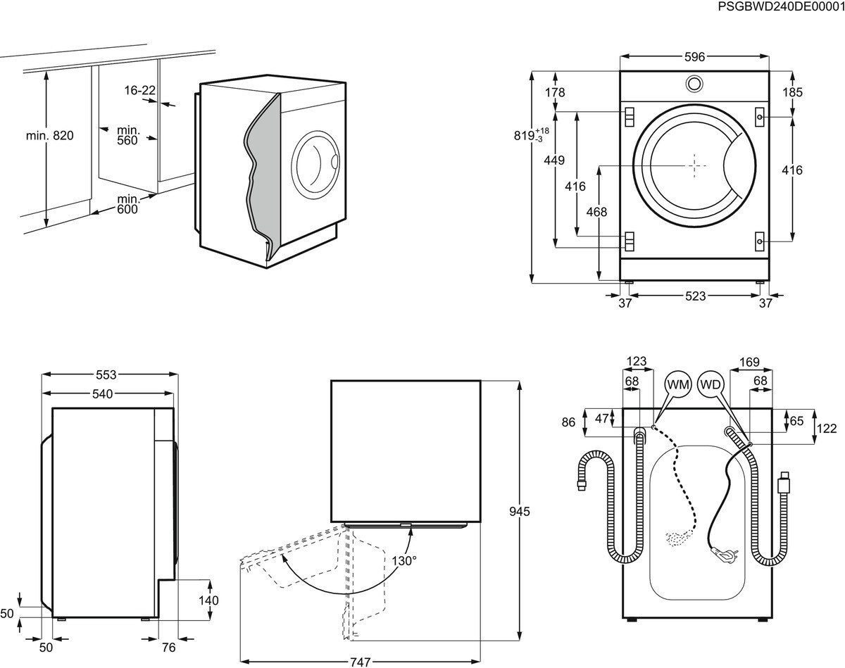 Diagrama de lavadora con dimensiones y detalles técnicos. Muestra vistas frontal, lateral y trasera.