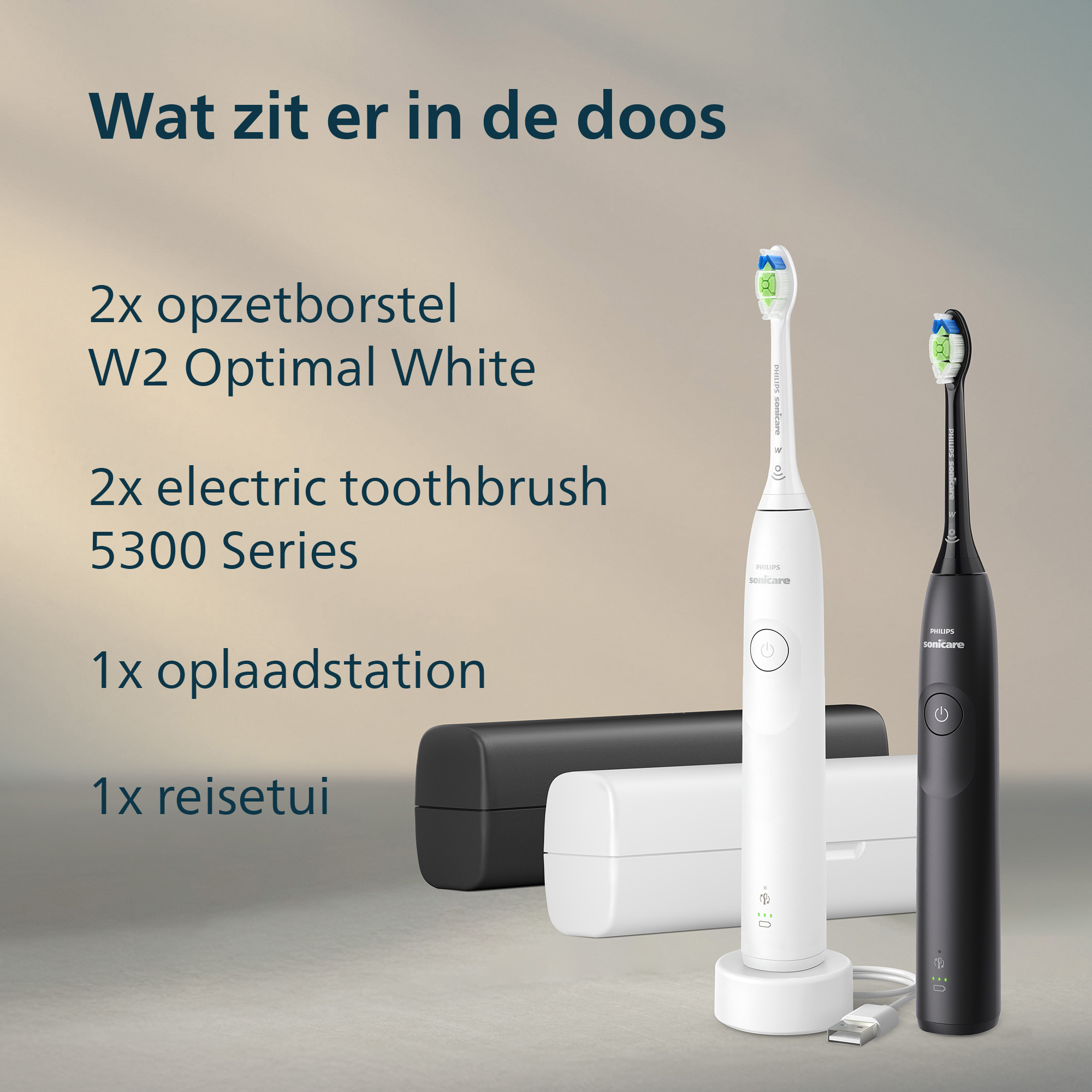 Image shows two Philips Sonicare electric toothbrushes, white and black, with a charger and cases. Text describes the contents.