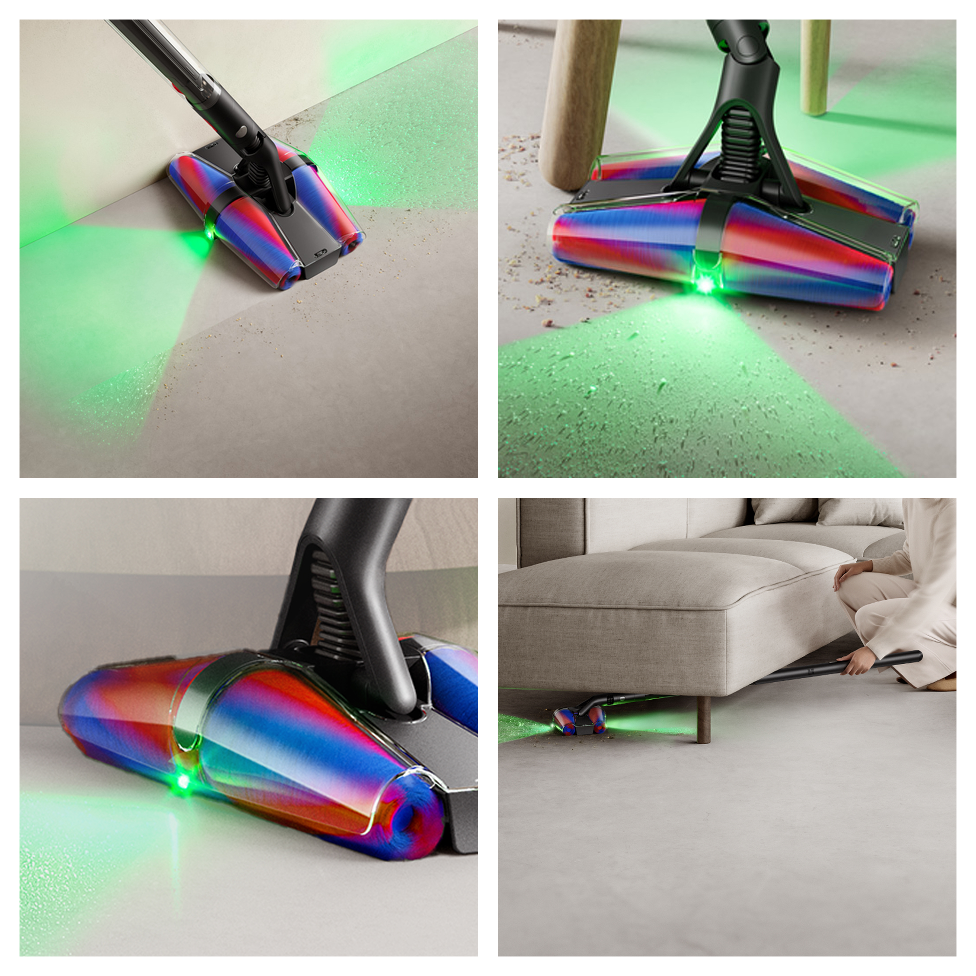 Ein Staubsauger mit farbenfrohem Kopf reinigt einen Boden. Es wird grünes Licht emittiert. Eine Person saugt unter einem Sofa.