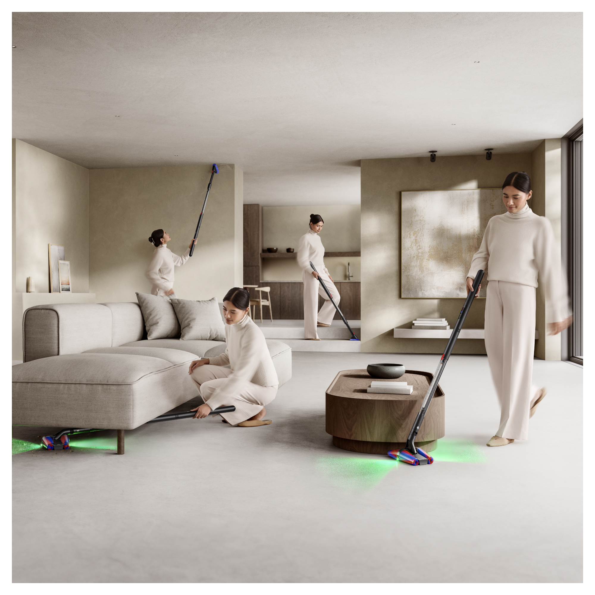 Mehrere Frauen saugen ein modernes Wohnzimmer. Eine saugt unter einer Couch, andere den Boden. Die Staubsaugerköpfe haben grüne Lichter.