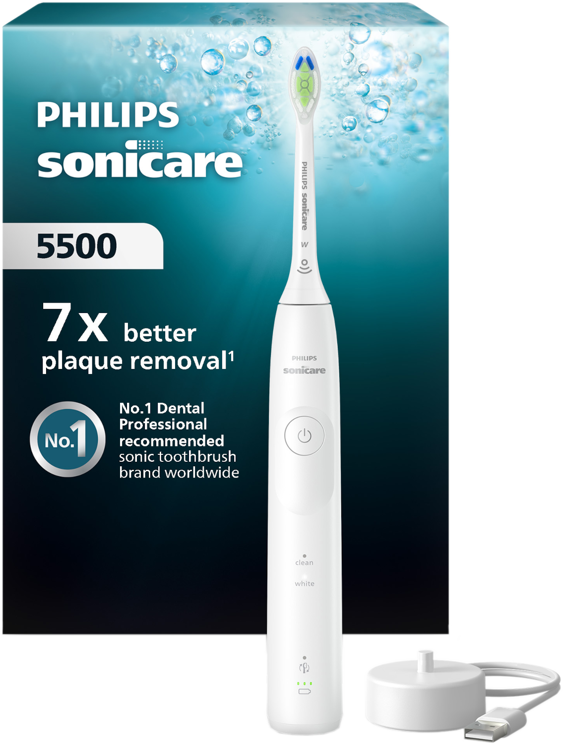 Een Philips Sonicare tandenborstel. Wit, met een blauwe en groene borstelkop. De doos toont productinformatie en bellen.