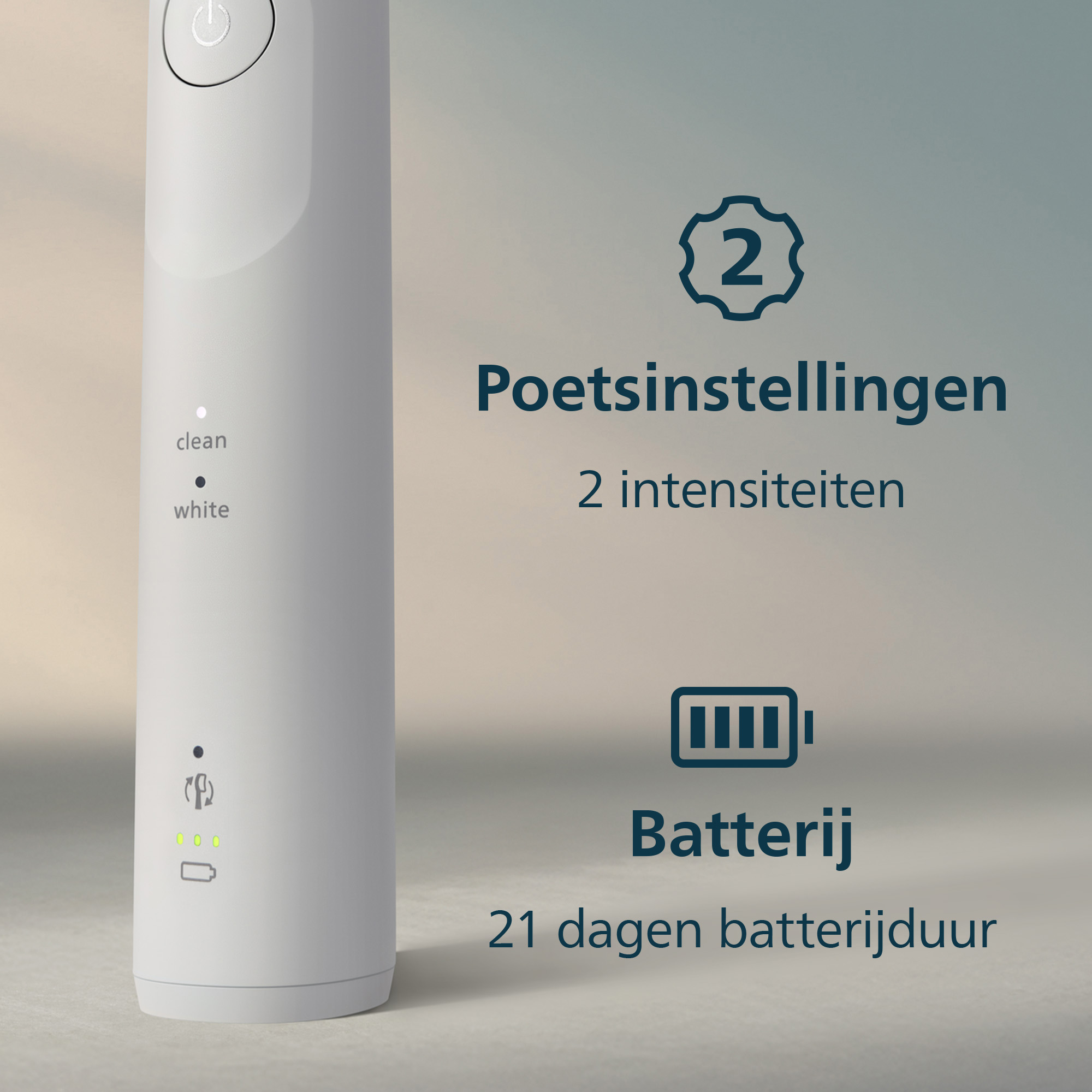 Elektrische tandenborstel met instellingen en batterijduur. Schoon en wit met lampjes.