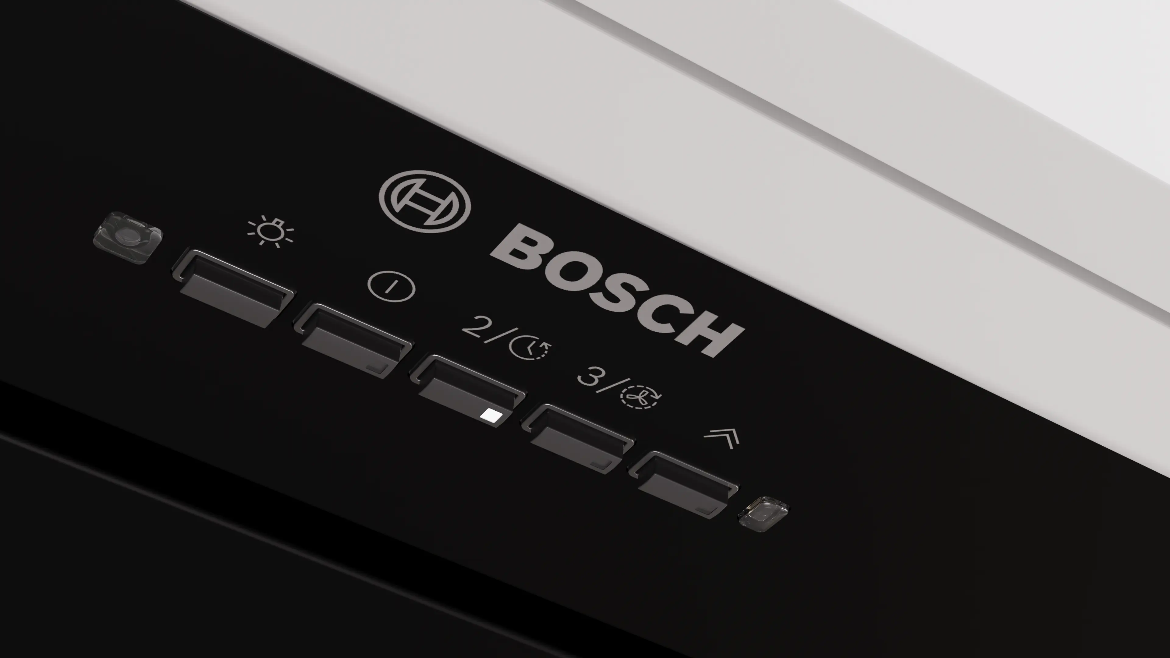 Primer plano de un panel de control negro con el logotipo blanco de Bosch y botones. Parte superior blanca y gris.
