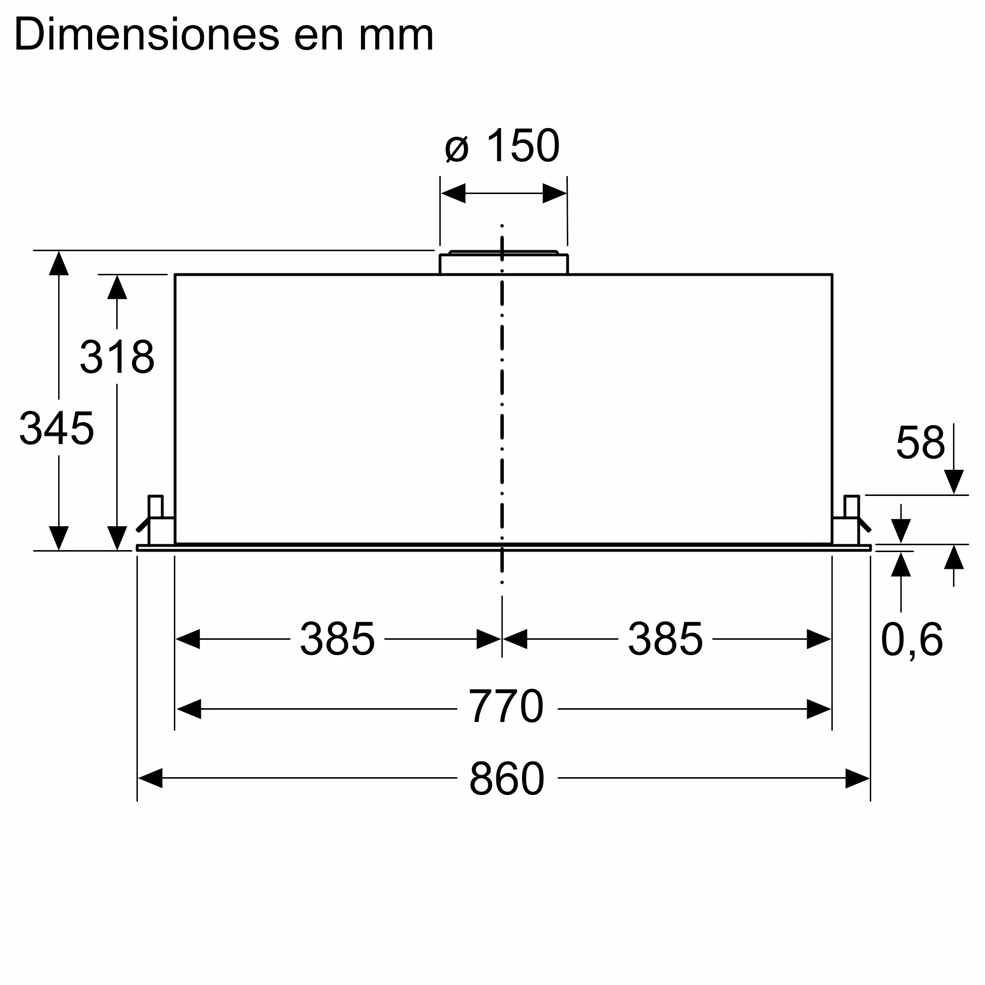 Diagrama que muestra las dimensiones en mm de un objeto rectangular. Las medidas incluyen altura, ancho y diámetro de un elemento circular.
