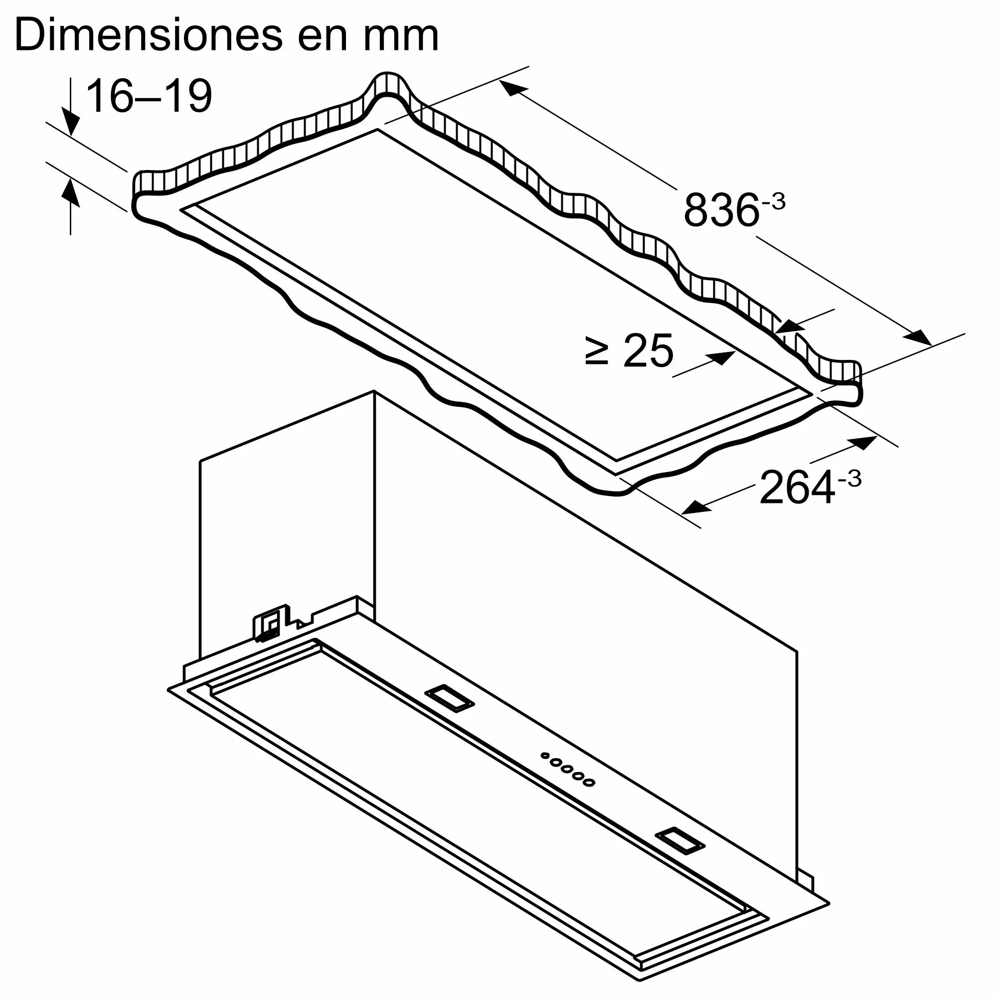 Vista isométrica de una campana extractora con dimensiones. Tiene un diseño rectangular y etiquetas de medición.