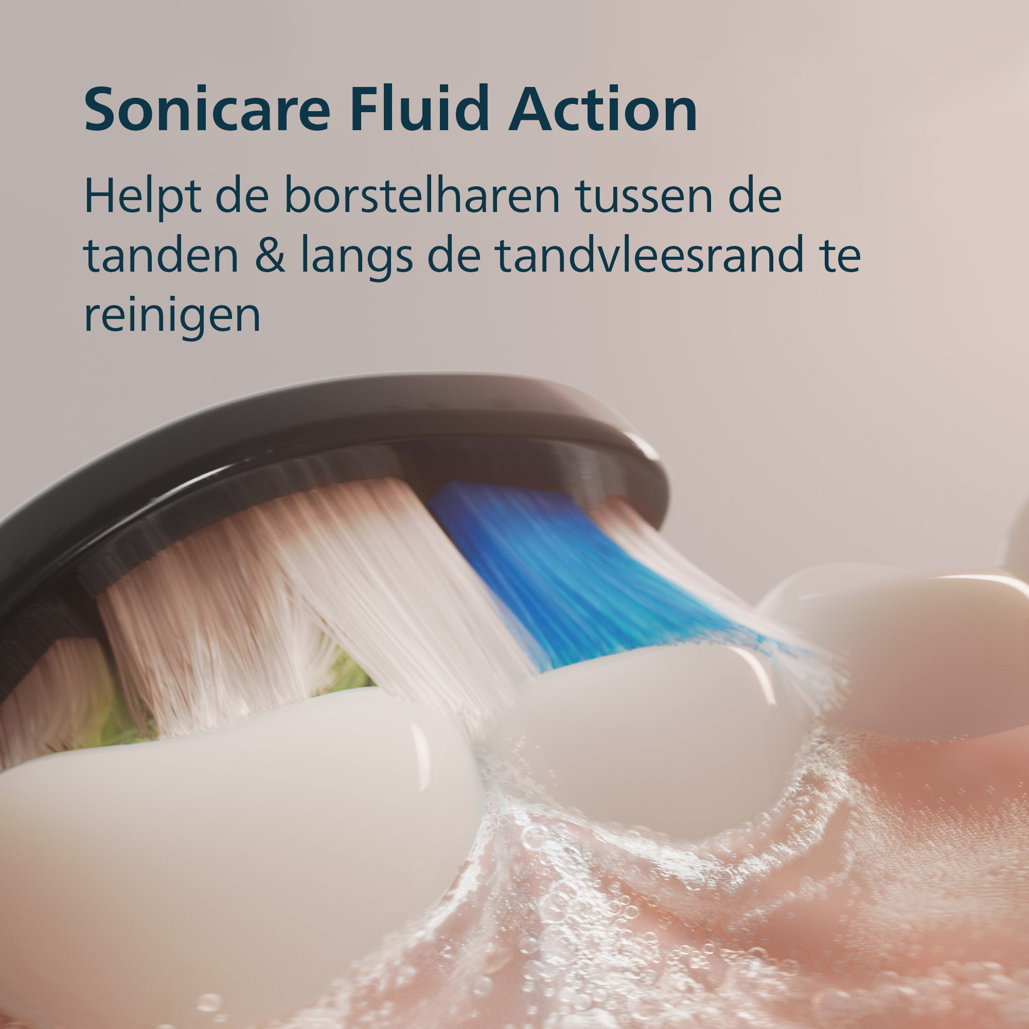 Close-up of a toothbrush cleaning teeth. The brush has white and blue bristles. Water is flowing, and text is present.