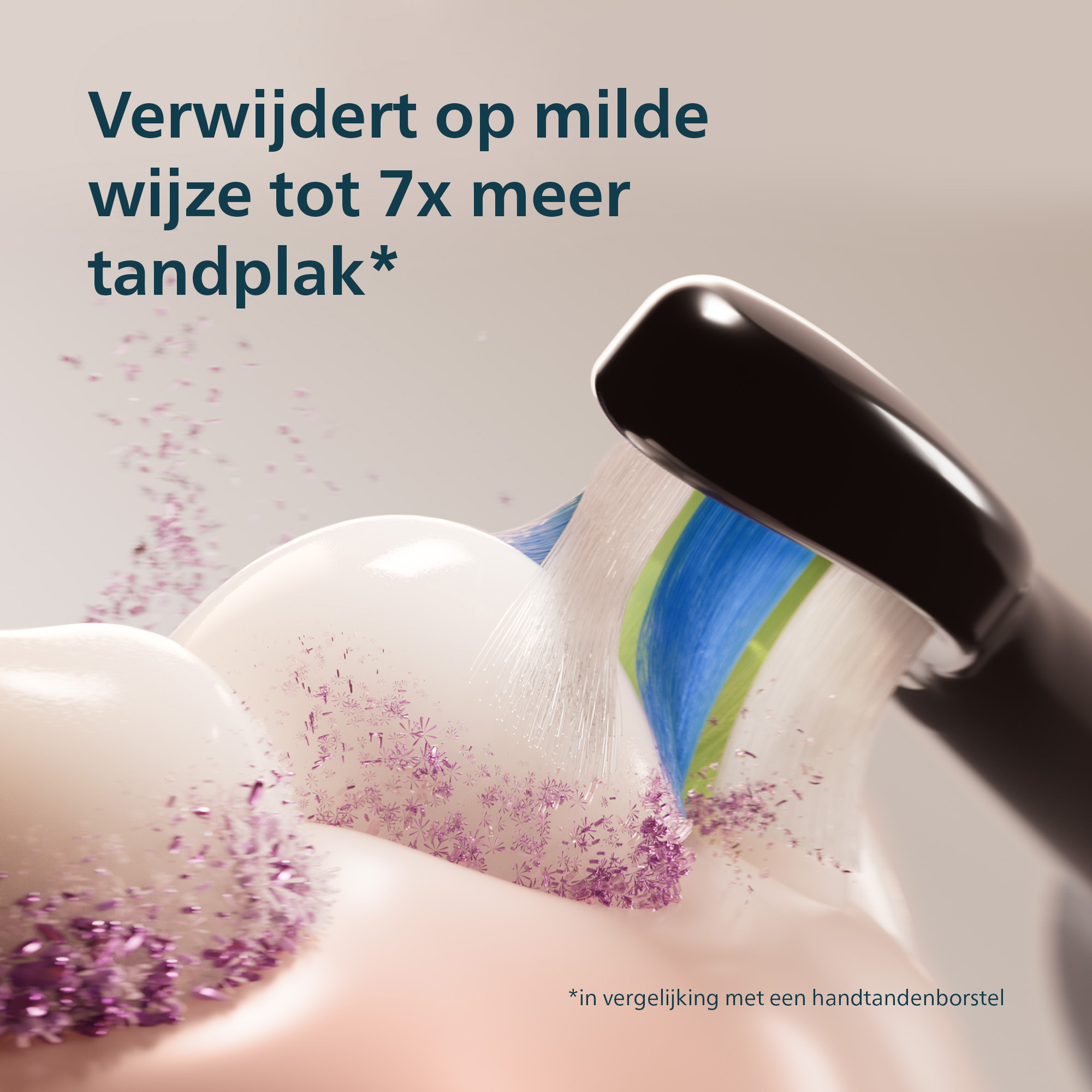 Close-up of teeth being brushed, showing bristles and purple particles. Text says: Removes up to 7x more plaque.