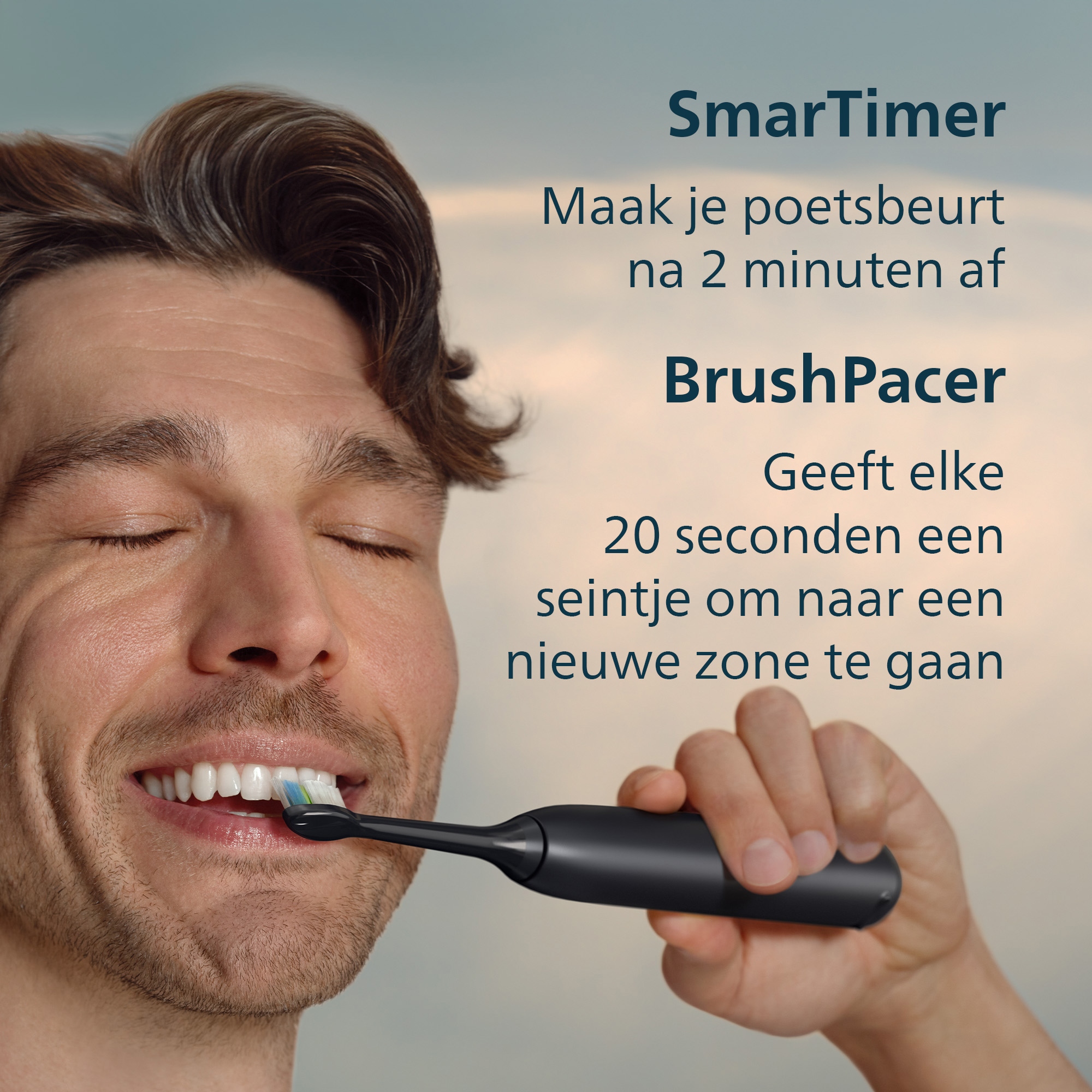 Man brushing teeth with a black electric toothbrush. Text indicates SmarTimer and BrushPacer features.
