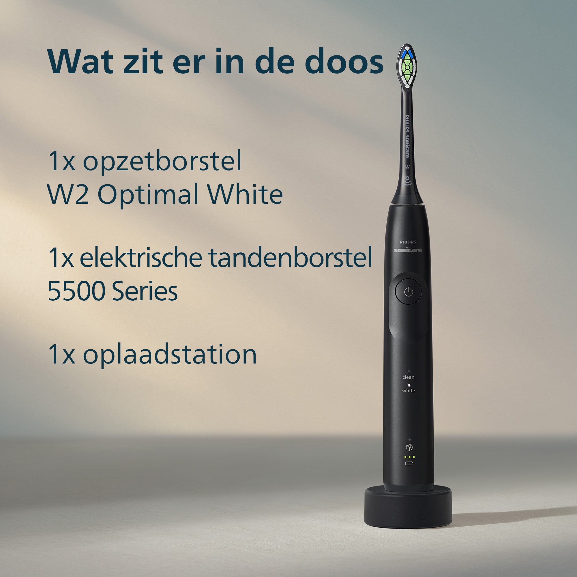 Black Philips Sonicare toothbrush on a charging base. Includes brush head, electric toothbrush, and charging station.