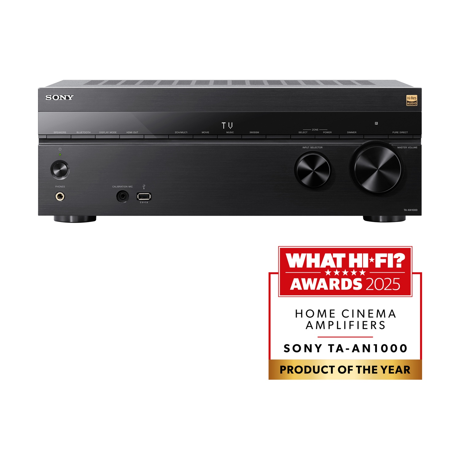 Ricevitore nero Sony TA-AN1000 con pulsanti e manopole. Etichetta What Hi-Fi? Awards 2025 sotto.