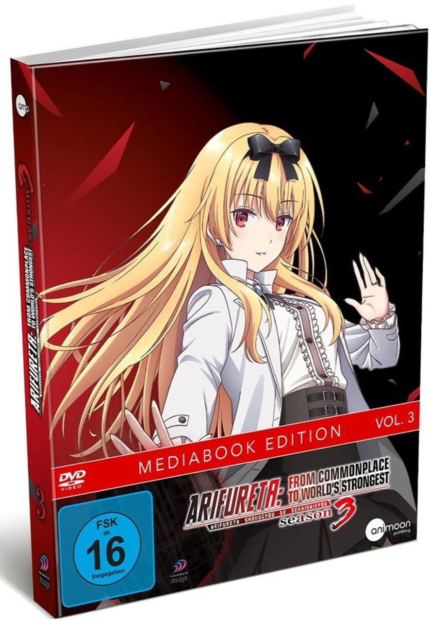 Anime-DVD-Cover zeigt ein blondes Mädchen mit roten Augen. Der Titel ist 'Arifureta'. Es ist eine Medabook Edition, Vol. 3, FSK 16.