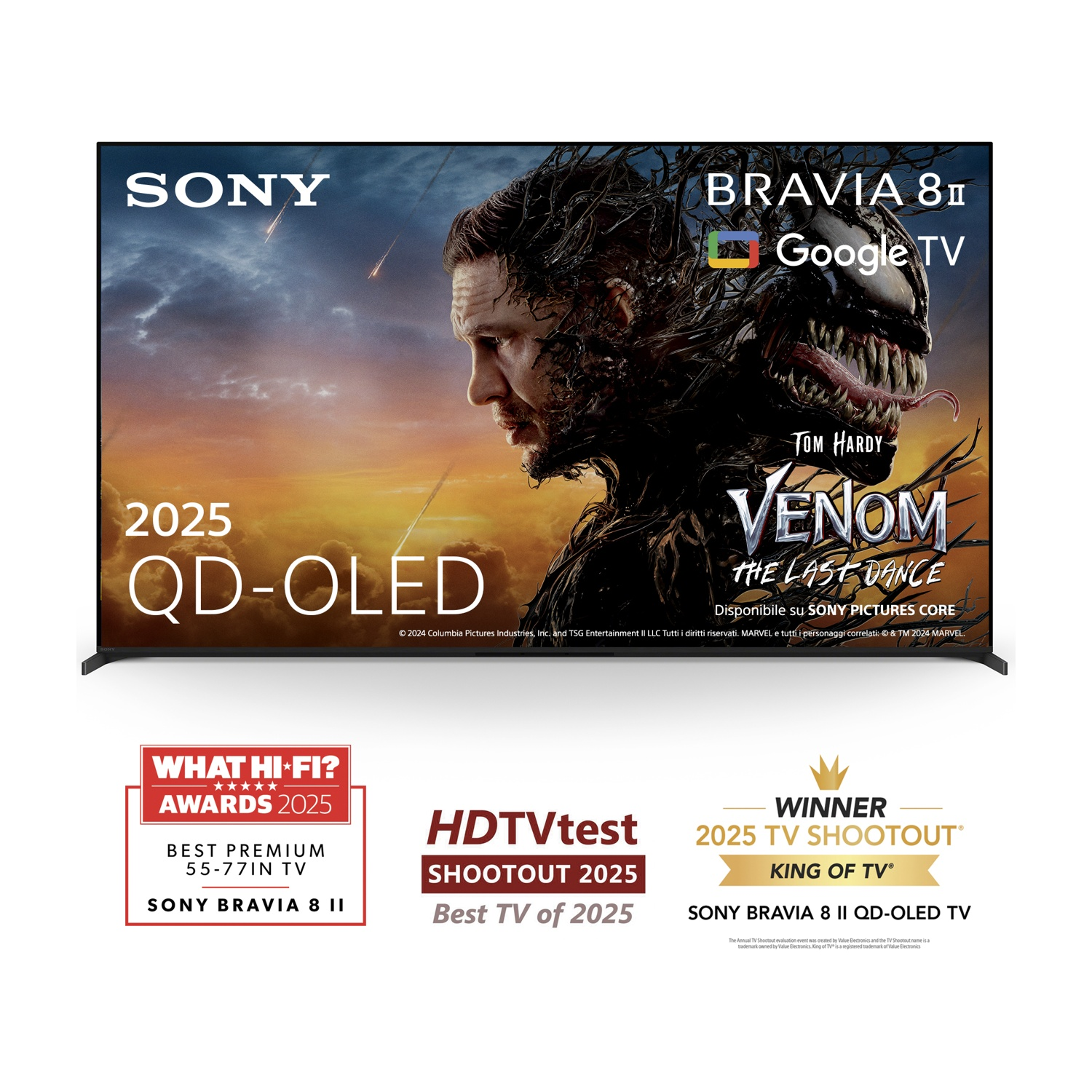 La TV Sony Bravia 8 II mostra il film Venom. I premi per la migliore TV sono mostrati in basso. QD-OLED 2025 è scritto.