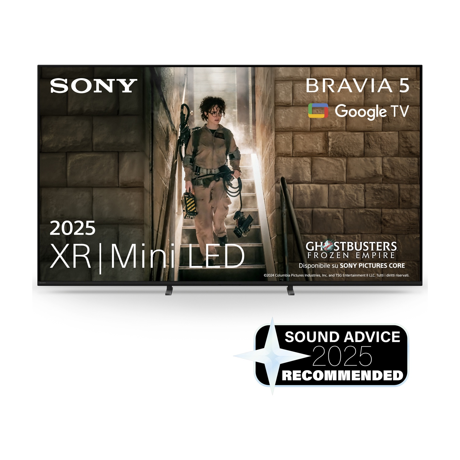 La TV Sony Bravia 5 mostra una scena di Ghostbusters. Ha un adesivo 'Sound Advice 2025 Recommended'.