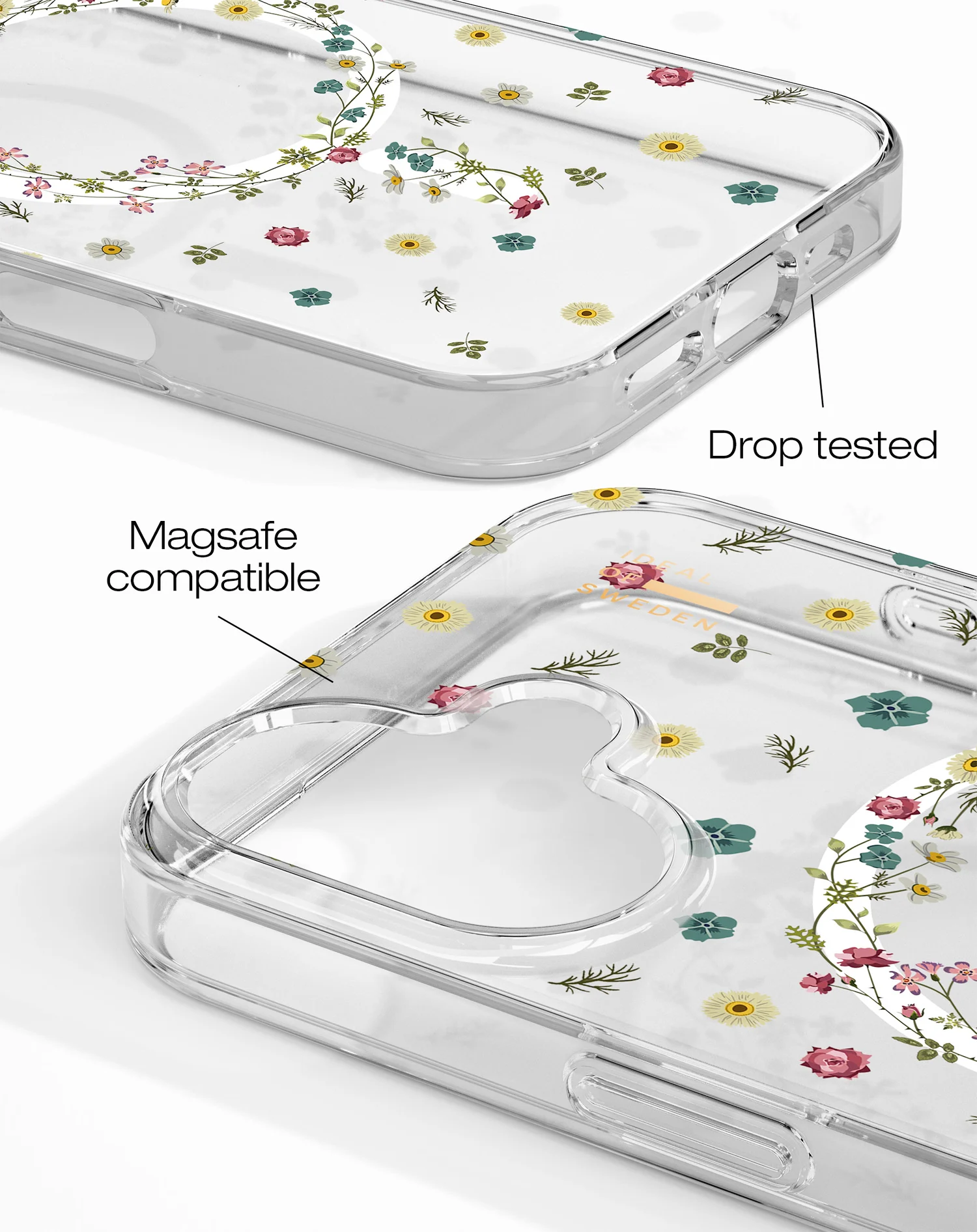 Átlátszó telefontok virágmintával, leejtés tesztelt, Magsafe kompatibilis. Rózsaszín, sárga és kék virágokkal.