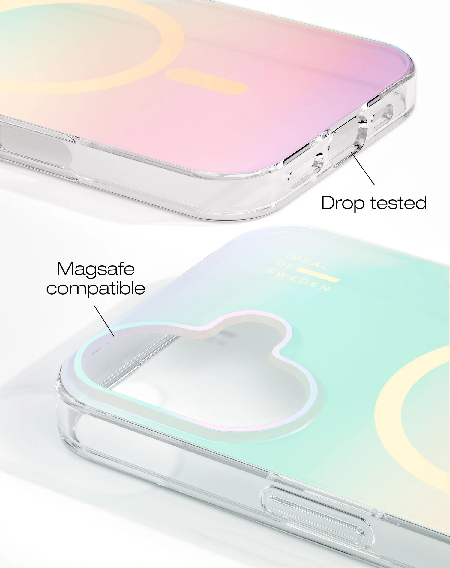 Átlátszó telefontok irizáló hátlappal, Magsafe kompatibilis, leejtéstesztelt. Címkék és nyilak a funkciókra mutatnak.
