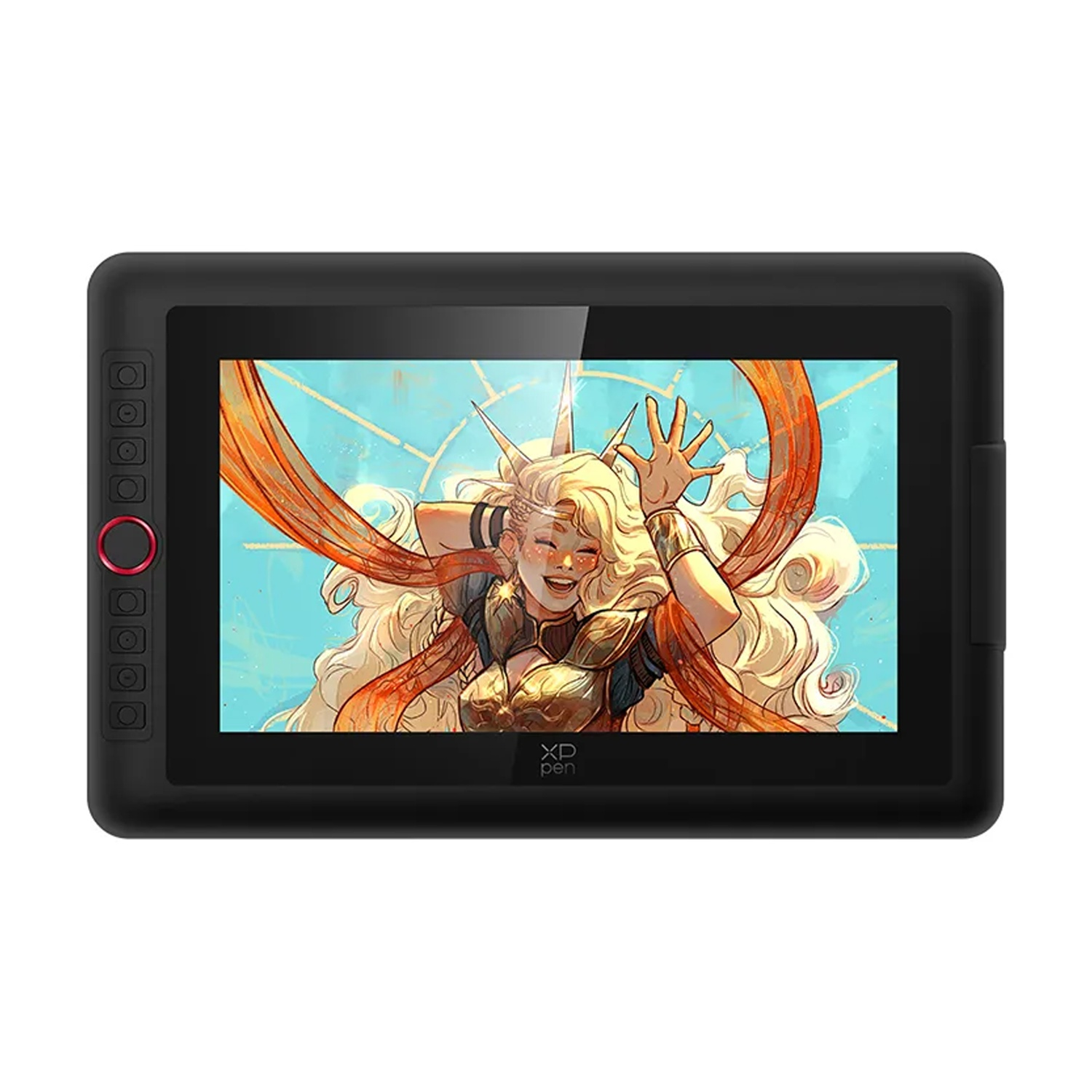 Un tablet XP-Pen nero mostra un'illustrazione di una donna bionda, con un'armatura. Sono presenti accenti rossi e oro.