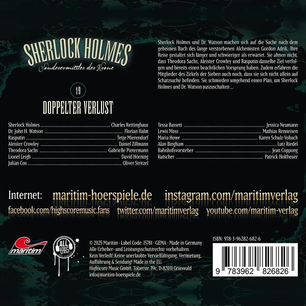 Cover für 'Sherlock Holmes: Doppelter Verlust'. Text enthält Titel, Besetzung und Kontaktinfo. Barcode vorhanden.