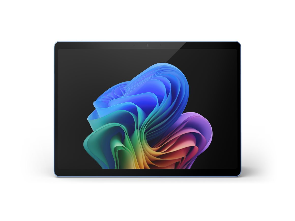 Ein Tablet mit blauem Rahmen zeigt ein farbenfrohes, abstraktes Design auf schwarzem Hintergrund. Das Tablet befindet sich vor weißem Hintergrund.