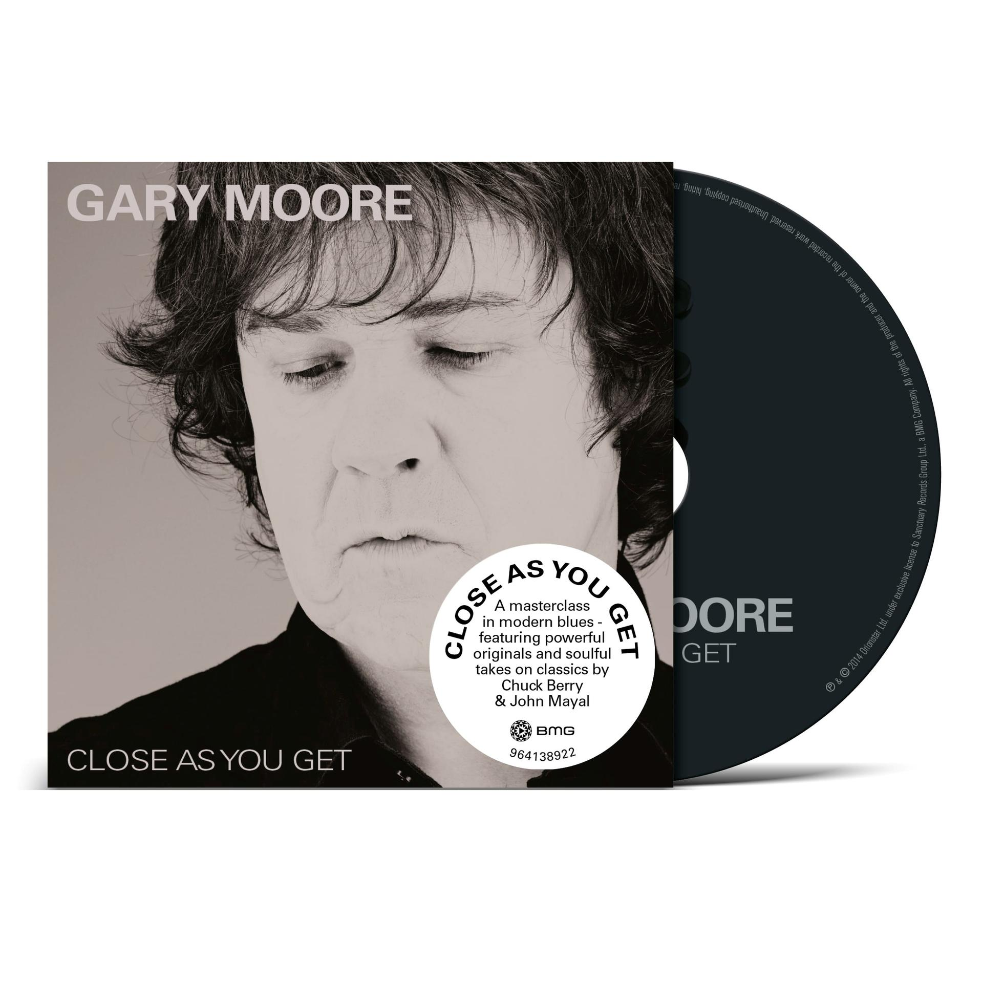 Albumcover für Gary Moore mit dem Titel 'Close As You Get'. Zeigt Moores Porträt und eine CD.