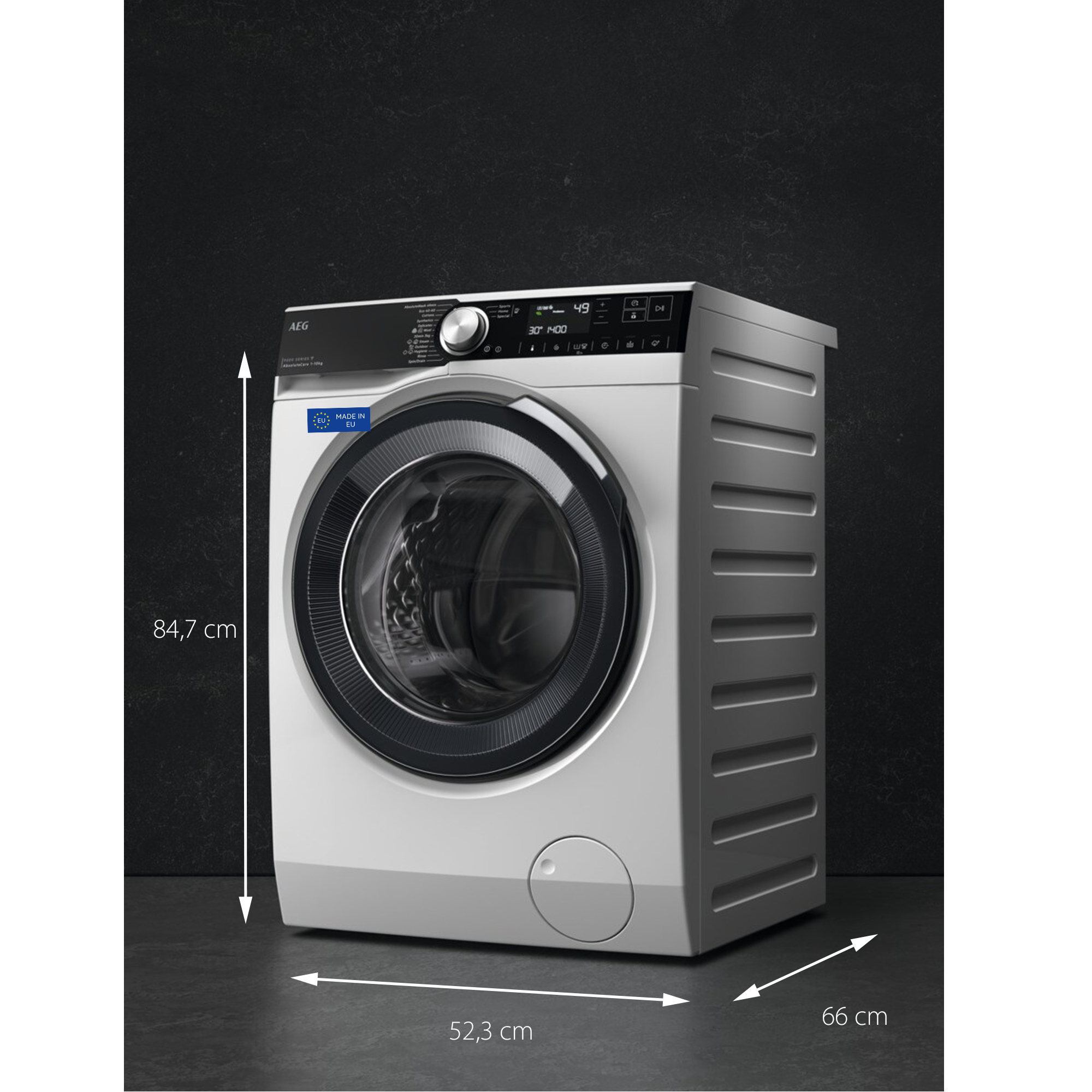 Lavadora AEG blanca con puerta negra. Se muestran dimensiones. Fondo gris oscuro.