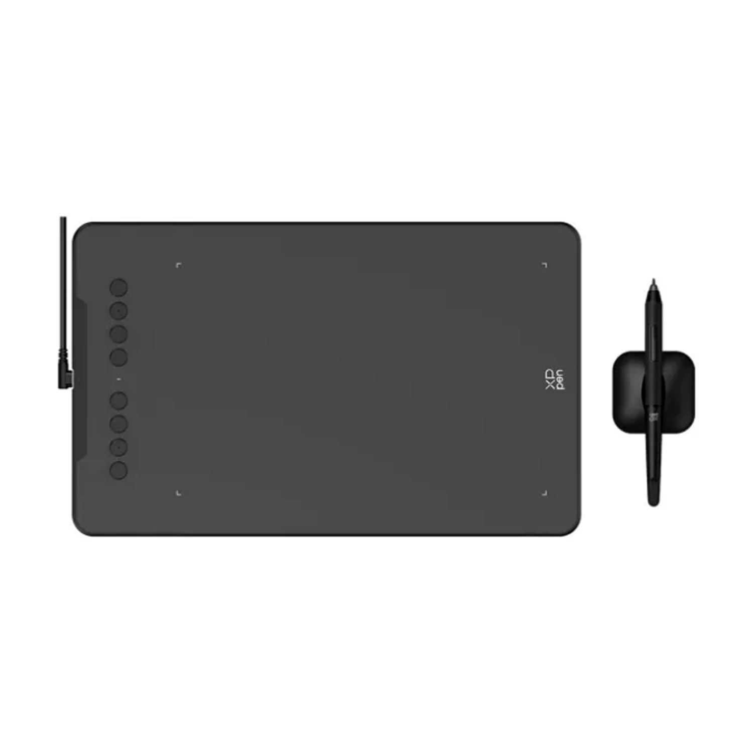 Un tablet da disegno nero con uno stilo e un portapenne. Il tablet ha pulsanti laterali e lo stilo è verticale.