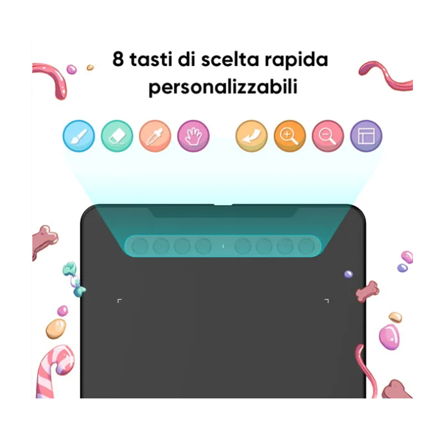 L'immagine mostra un tablet con 8 pulsanti di selezione rapida personalizzabili. Icone colorate e forme astratte lo circondano, su sfondo bianco.