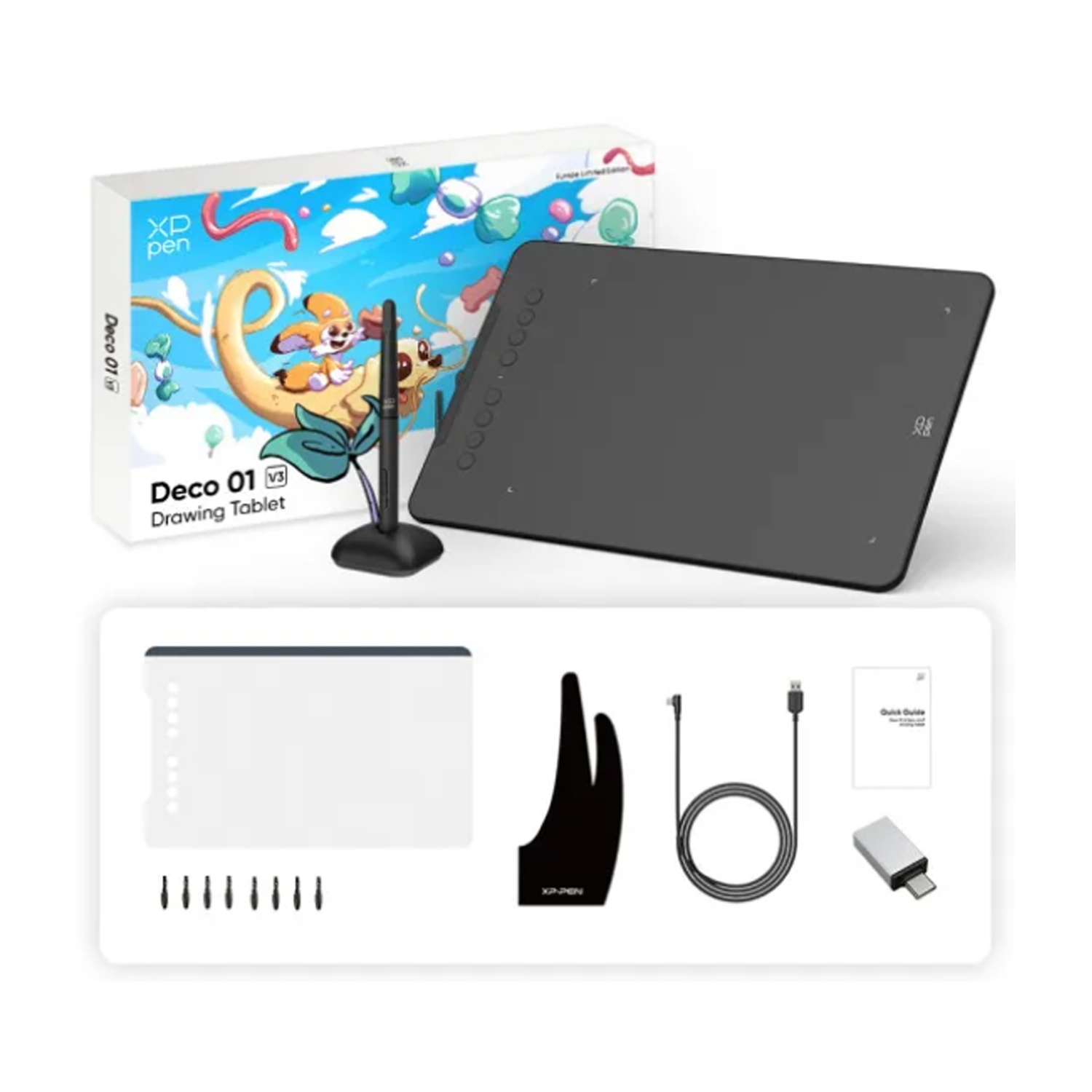 Un set di tavoletta grafica XP-Pen Deco 01 V3. Include la tavoletta, la penna, il supporto, punte extra, un guanto, un cavo USB, un adattatore e una guida.