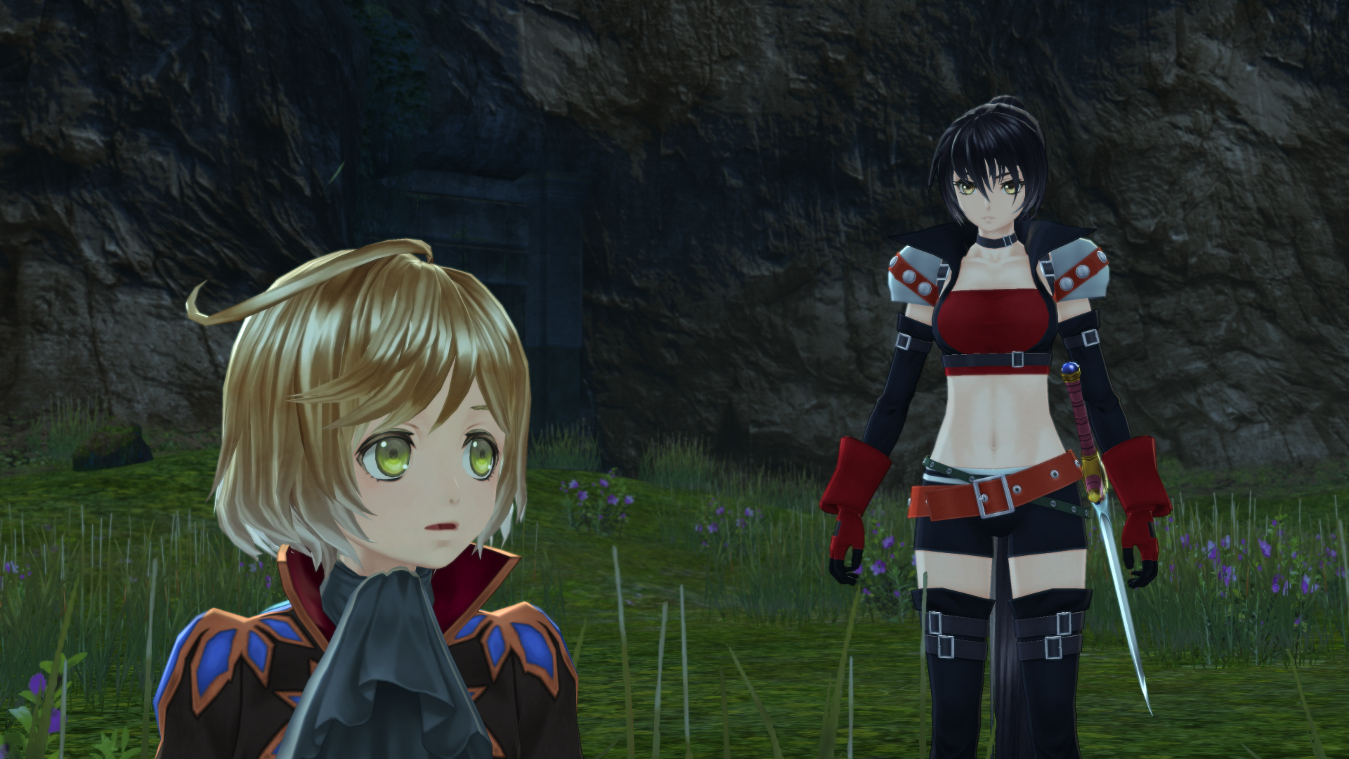 Zwei Anime-Charaktere stehen auf einem Feld. Einer hat blondes Haar, der andere schwarzes Haar und hält ein Schwert. Im Hintergrund ist eine dunkle Klippe.
