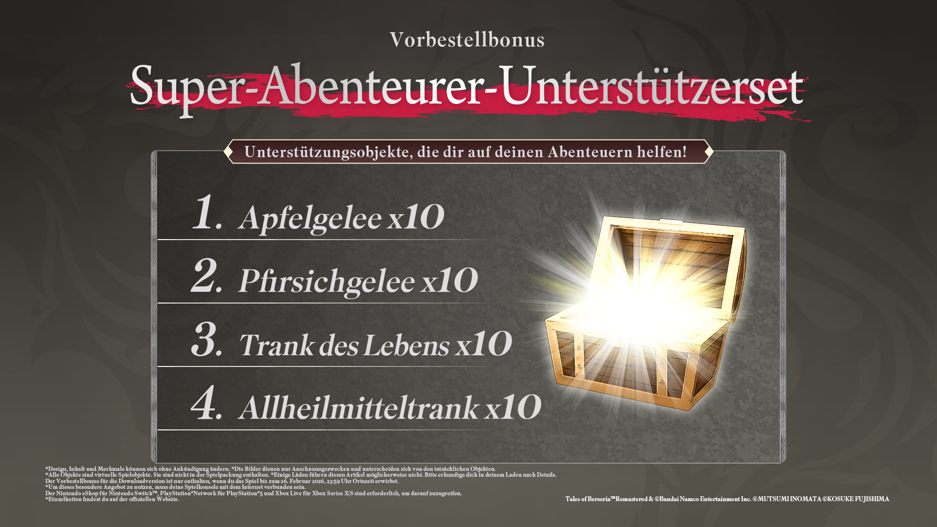 Das Bild zeigt eine Werbegrafik mit Text und einer Schatzkiste, die Licht emittiert. Listet Gegenstände wie Apfelgelee x10 auf.
