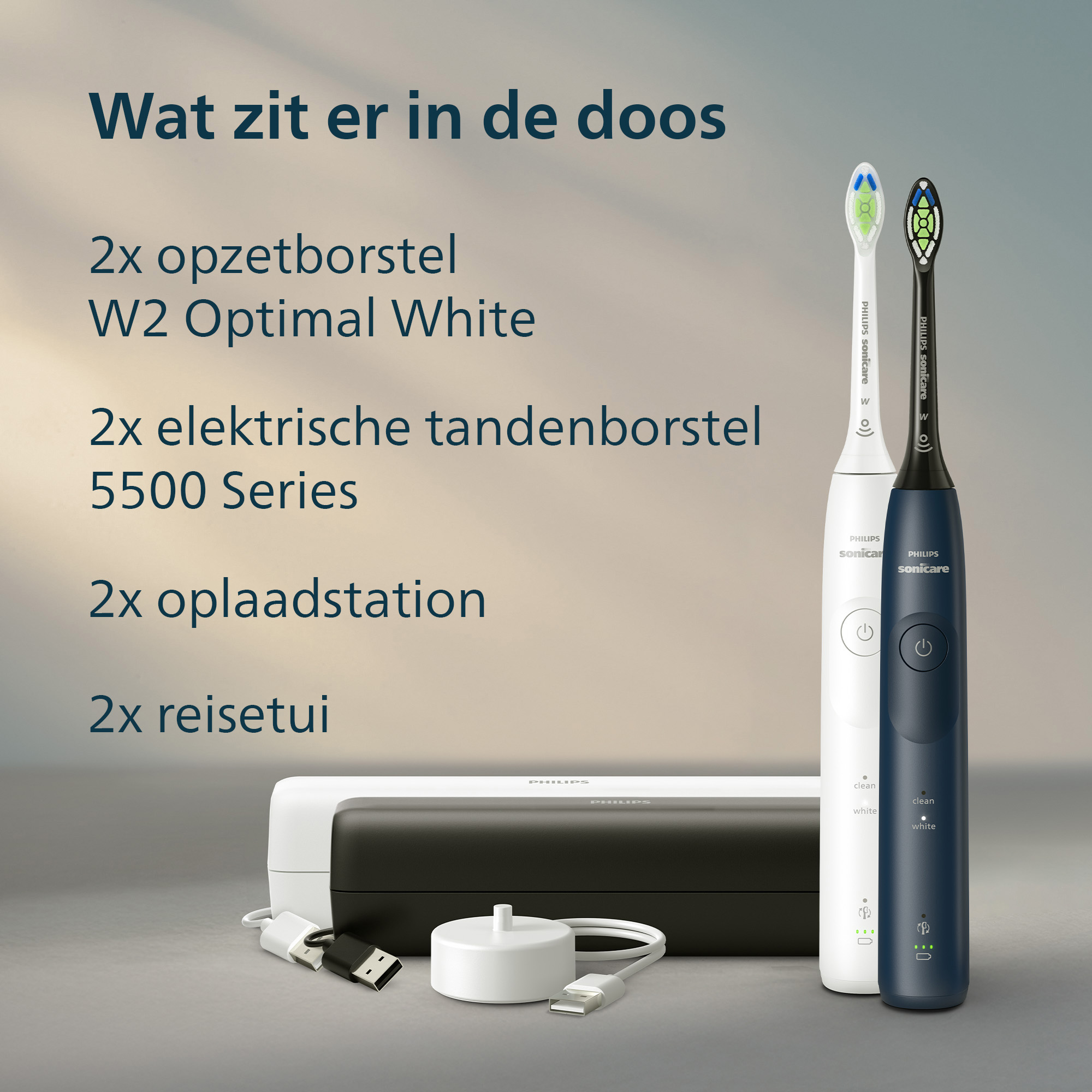 Image shows Philips Sonicare toothbrush set. Includes two toothbrushes, two chargers, and travel cases. Text indicates contents.