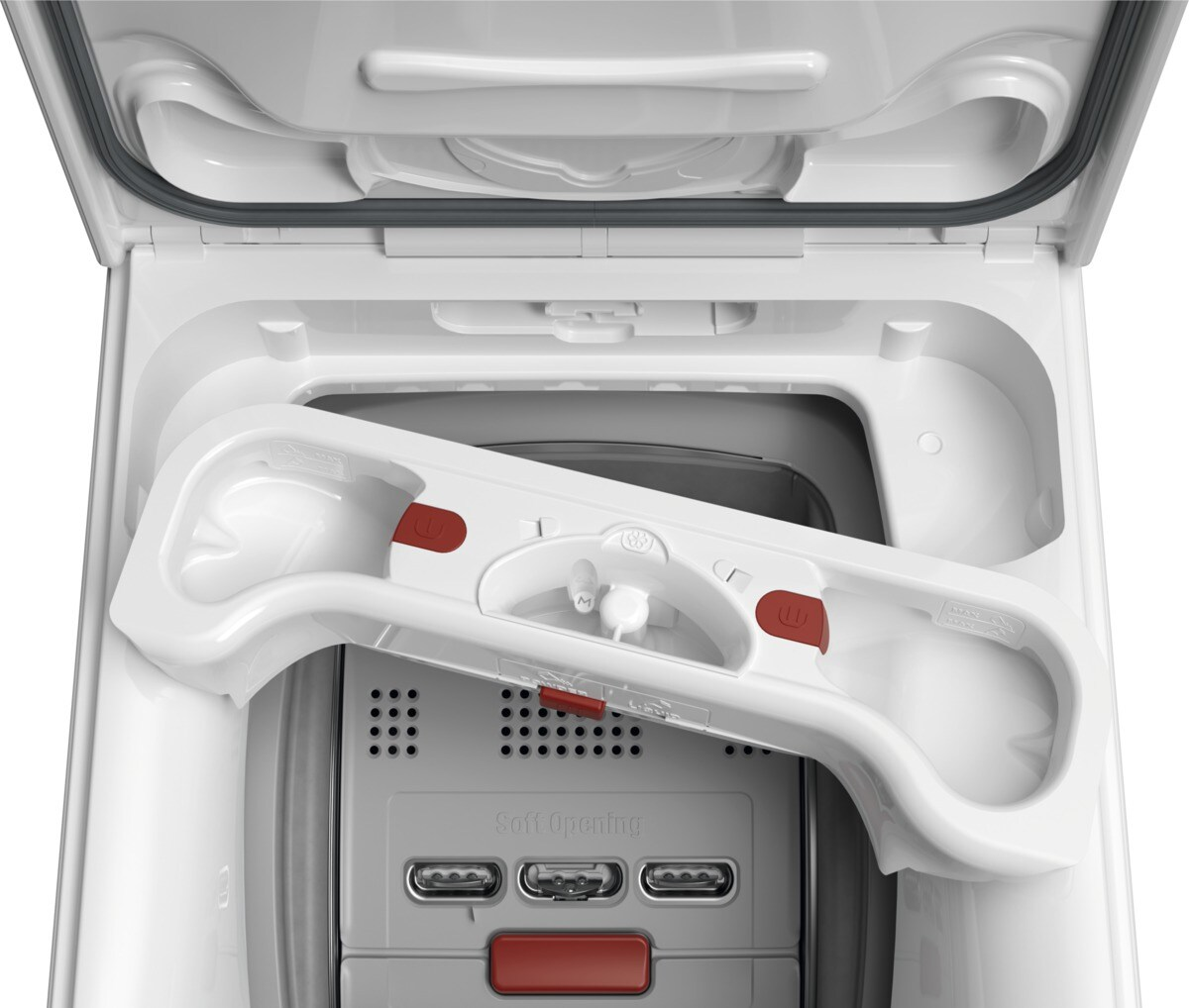 Lavadora abierta con un cajón blanco para detergente y botones rojos. Se ven componentes internos grises de la máquina.